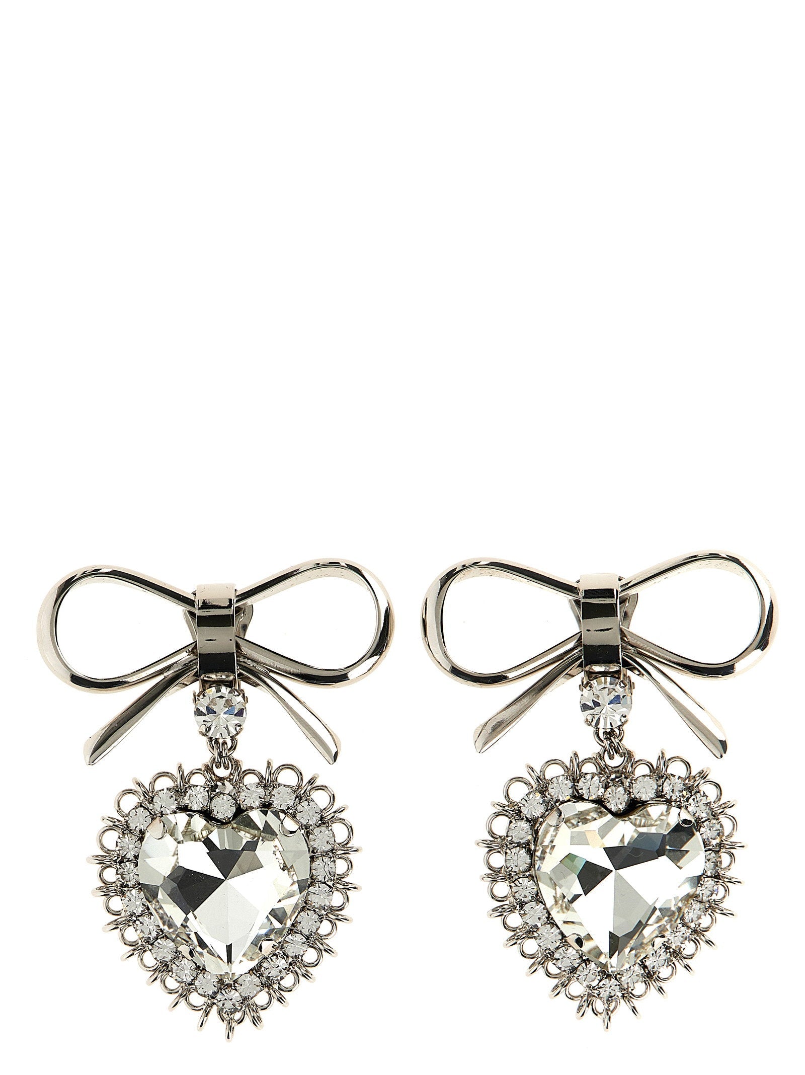 Alessandra Rich Bow-Tied Crystal Heart Earrings — Silver