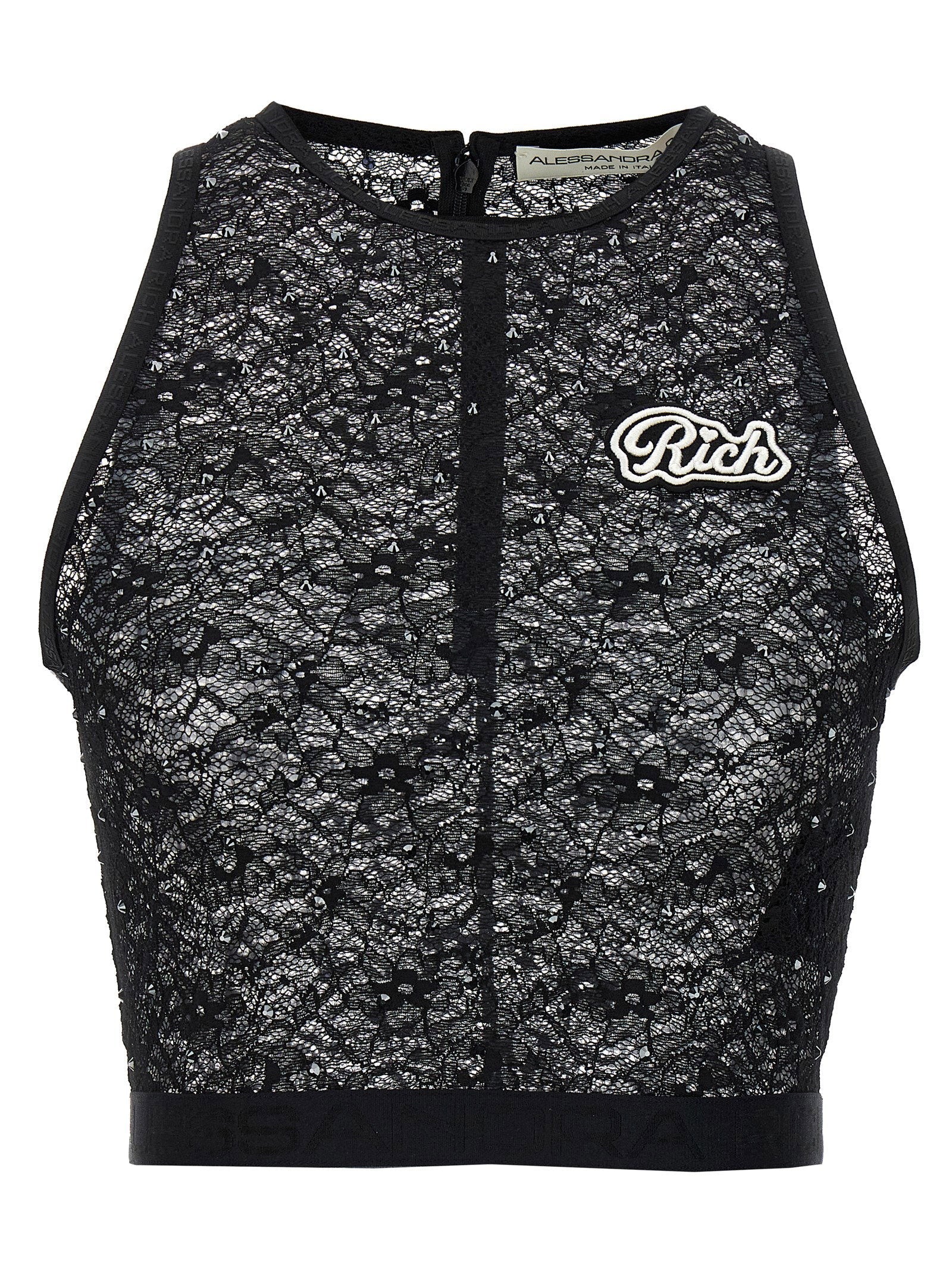 Alessandra Rich Rhinestone-Embellished Lace Tank Top — Black
