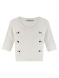 Alessandra Rich Carded Mohair with Floral Embroidery Sweater — White