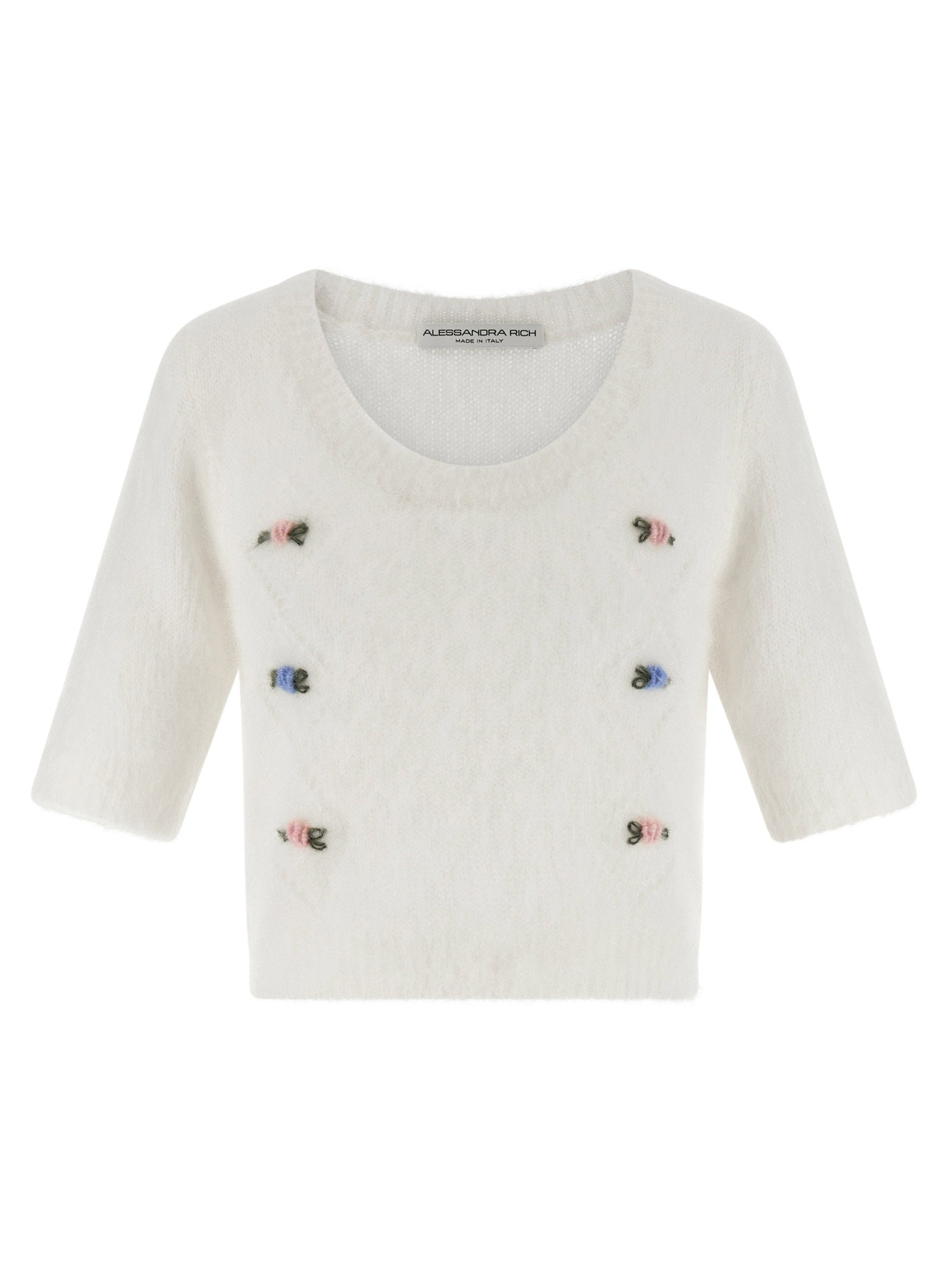 Alessandra Rich Carded Mohair with Floral Embroidery Sweater — White
