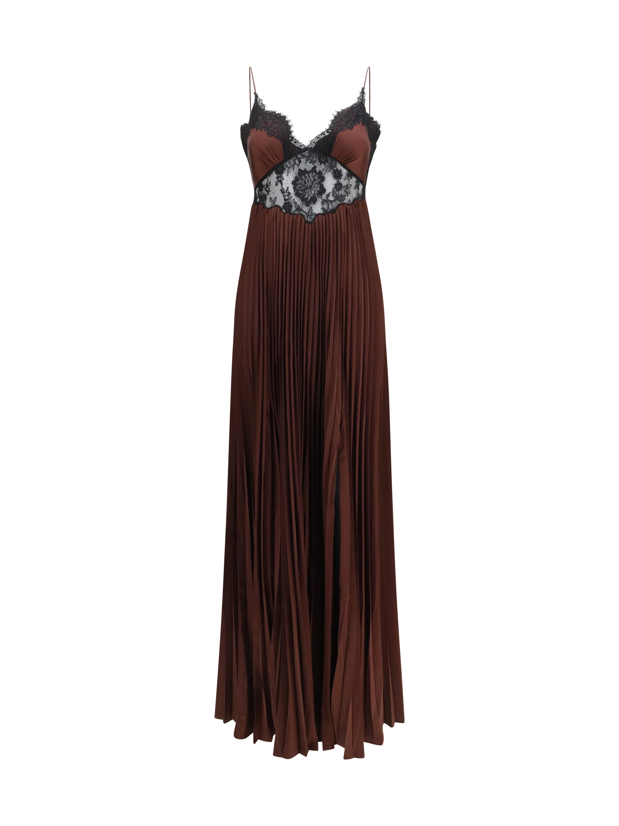 Self-Portrait Satin with Lace Inserts Dress — Brown