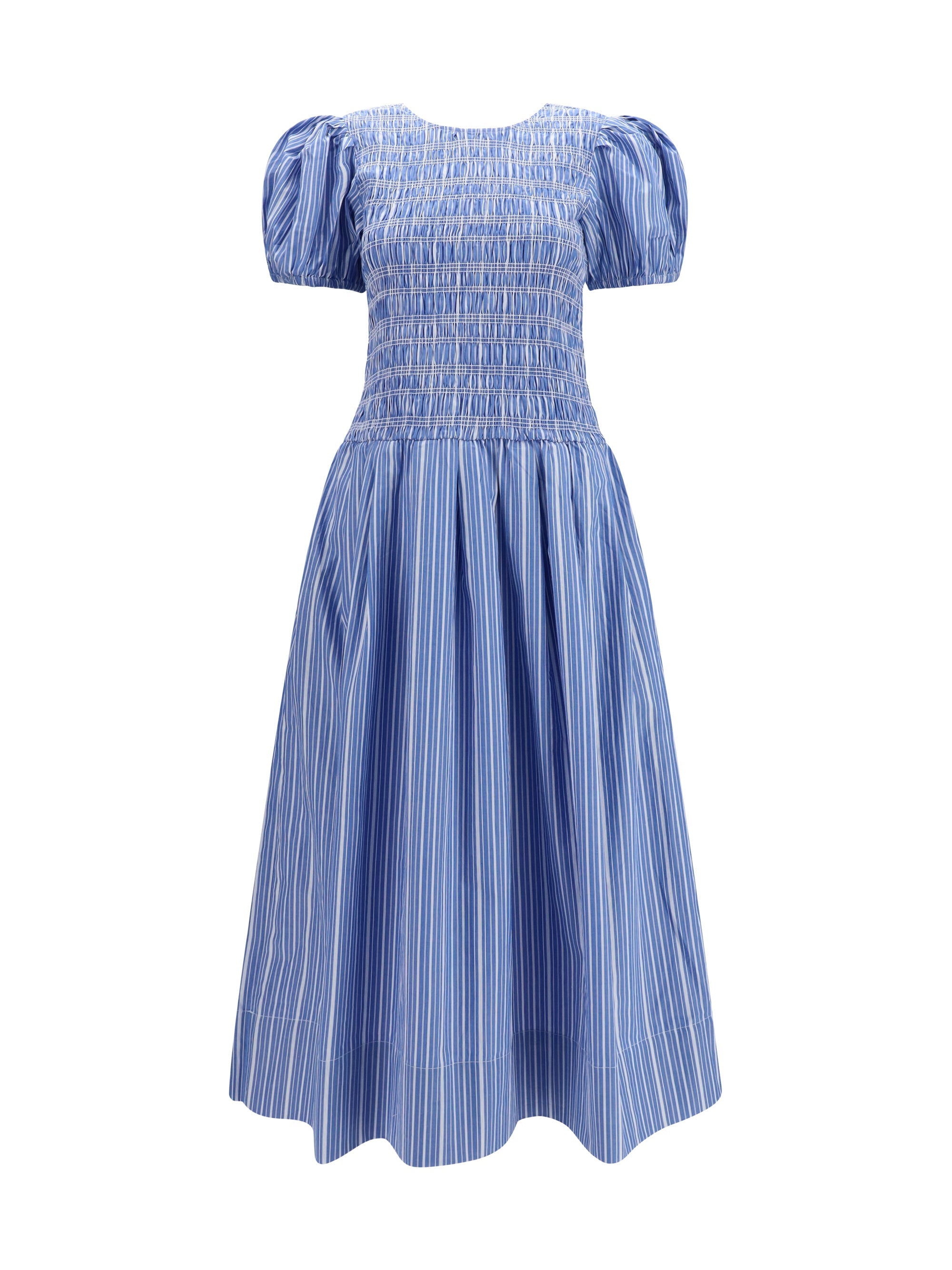 Ganni Striped Cotton with Puff Sleeves Dress — Navy