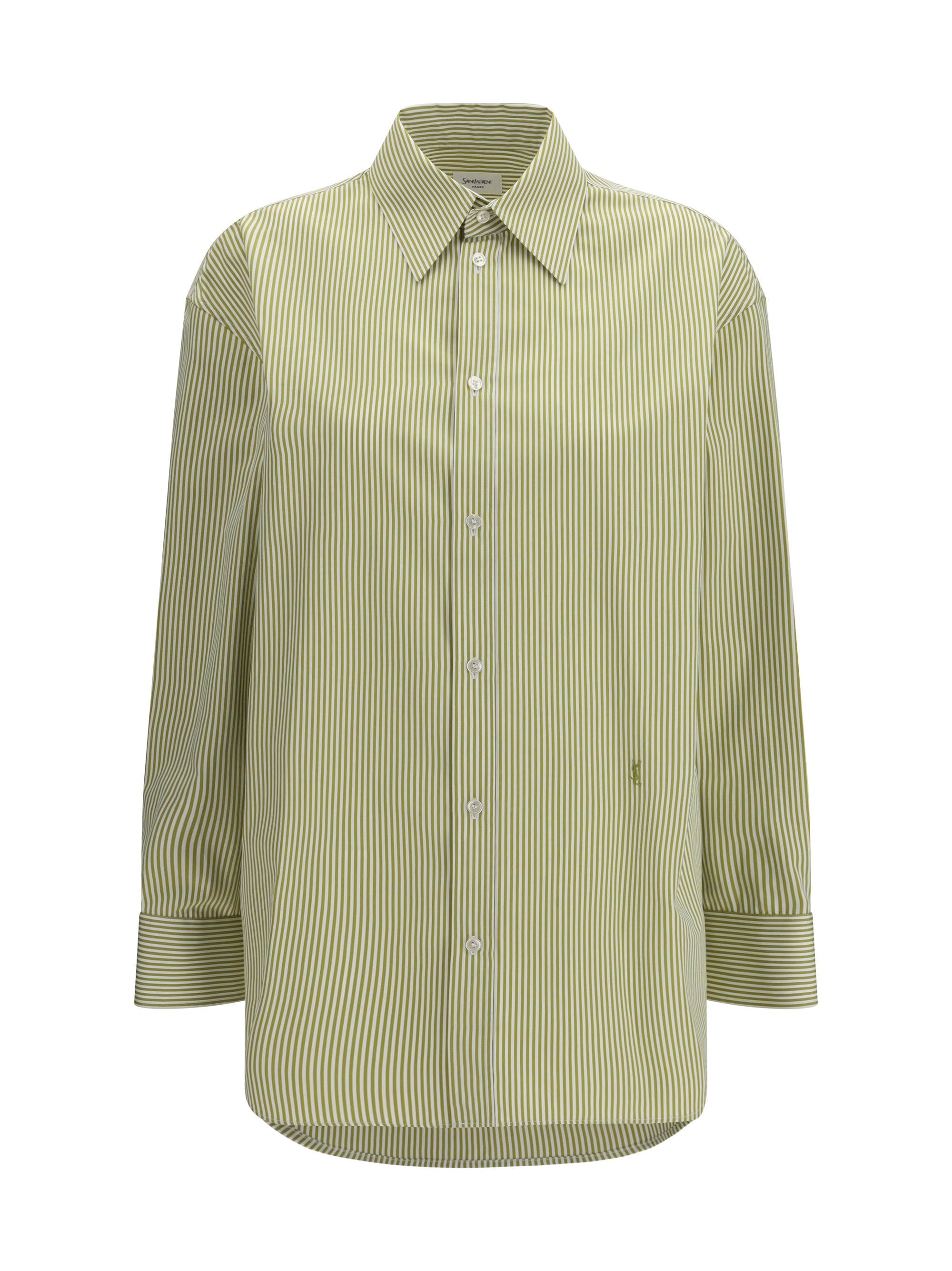 Saint Laurent Vertical Striped Cotton Shirt — Olive