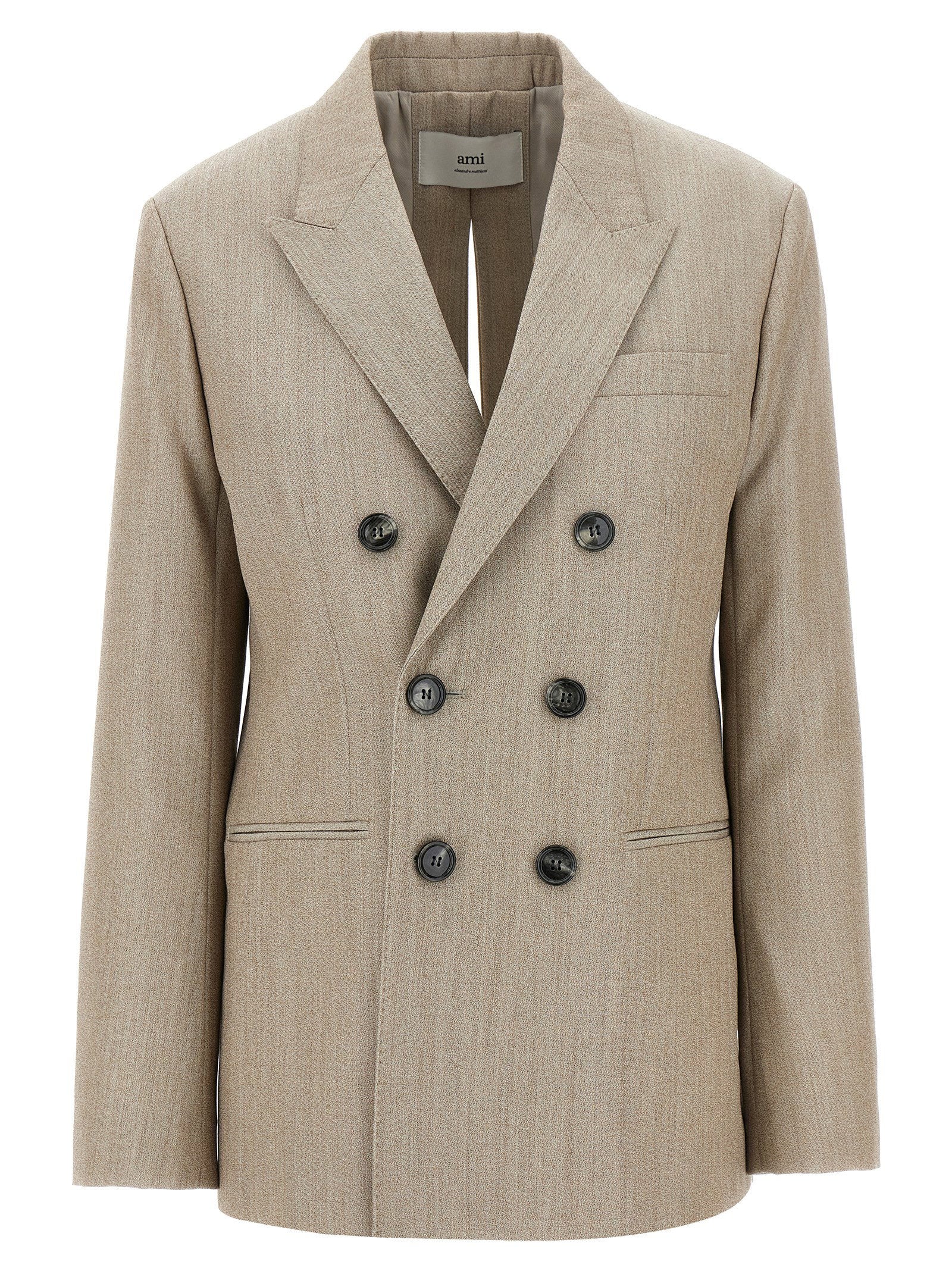 Ami Paris Double-Breasted Wool Blazer — Beige