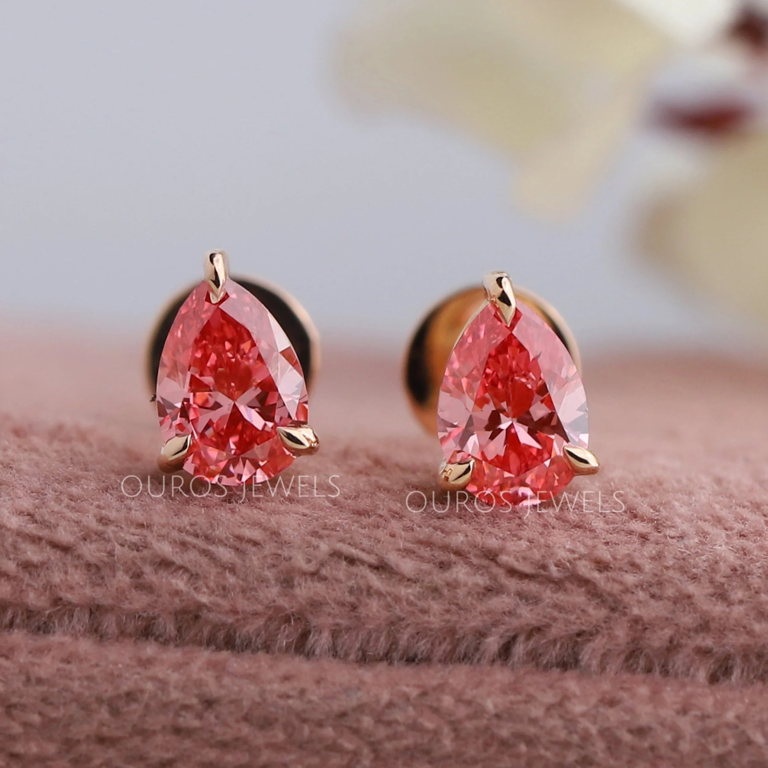 Pink Pear Cut Lab Diamond  Solitaire  Stud Earrings