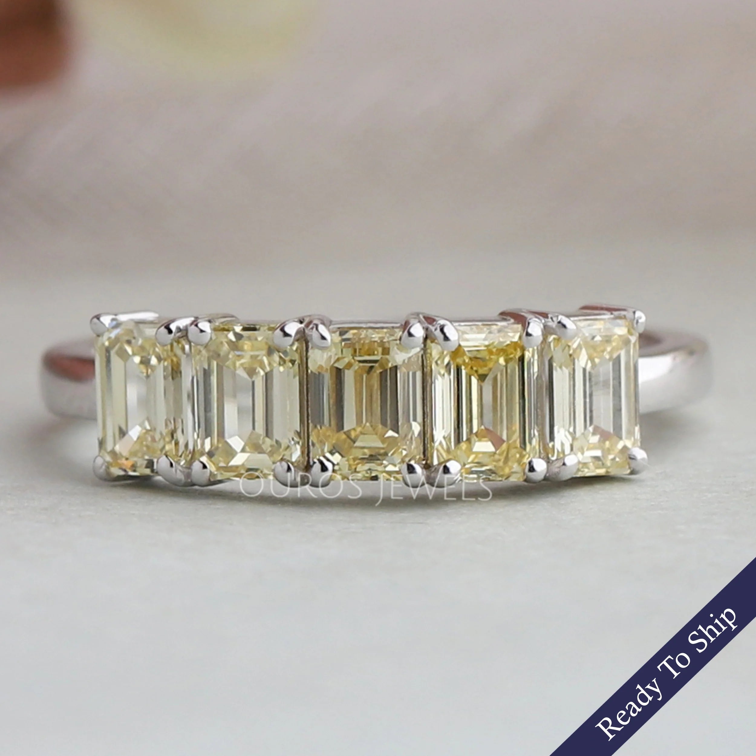 5 Stone Yellow Emerald Cut Wedding Ring