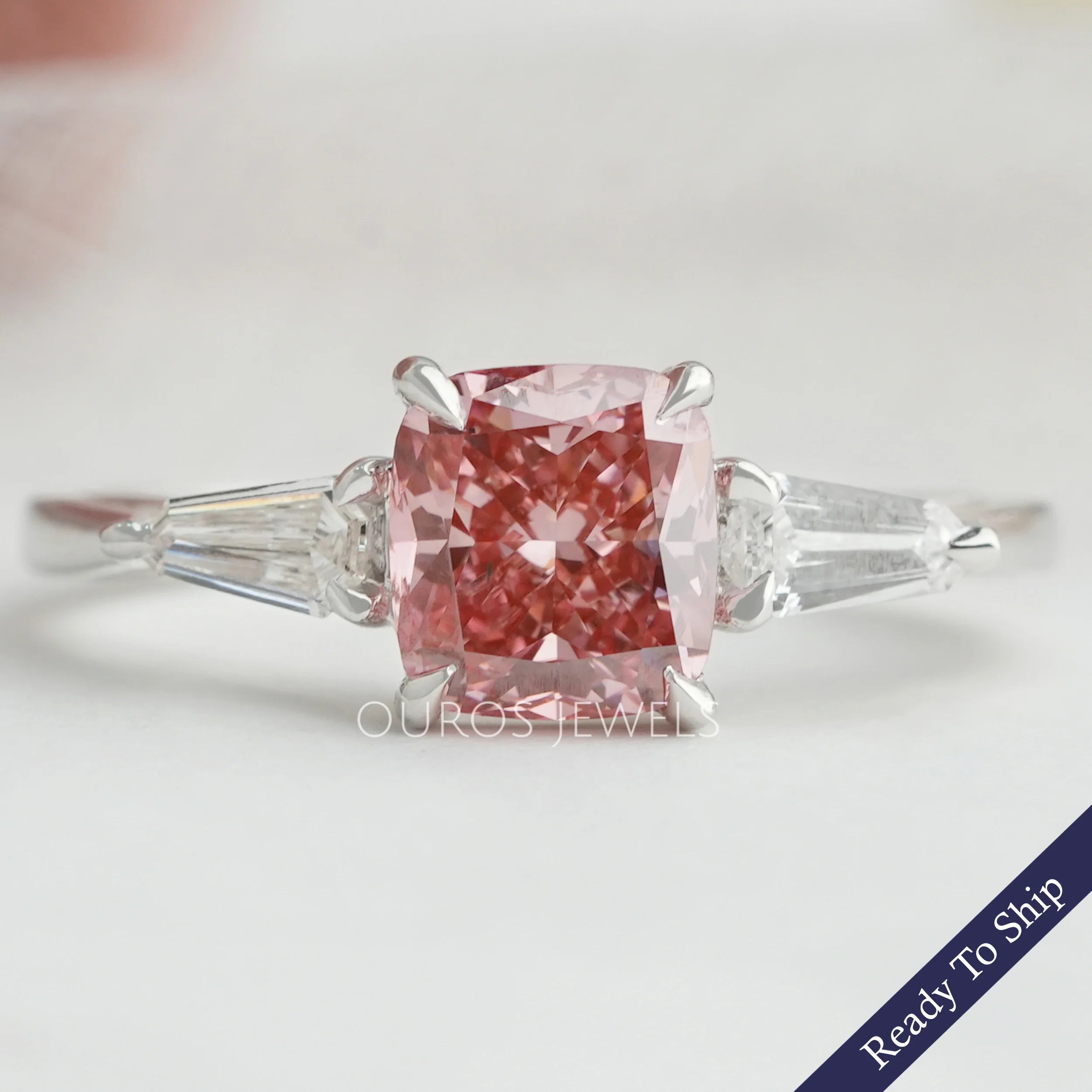 Unique Arrow Cut Pink Cushion Three Stone Engagement Ring