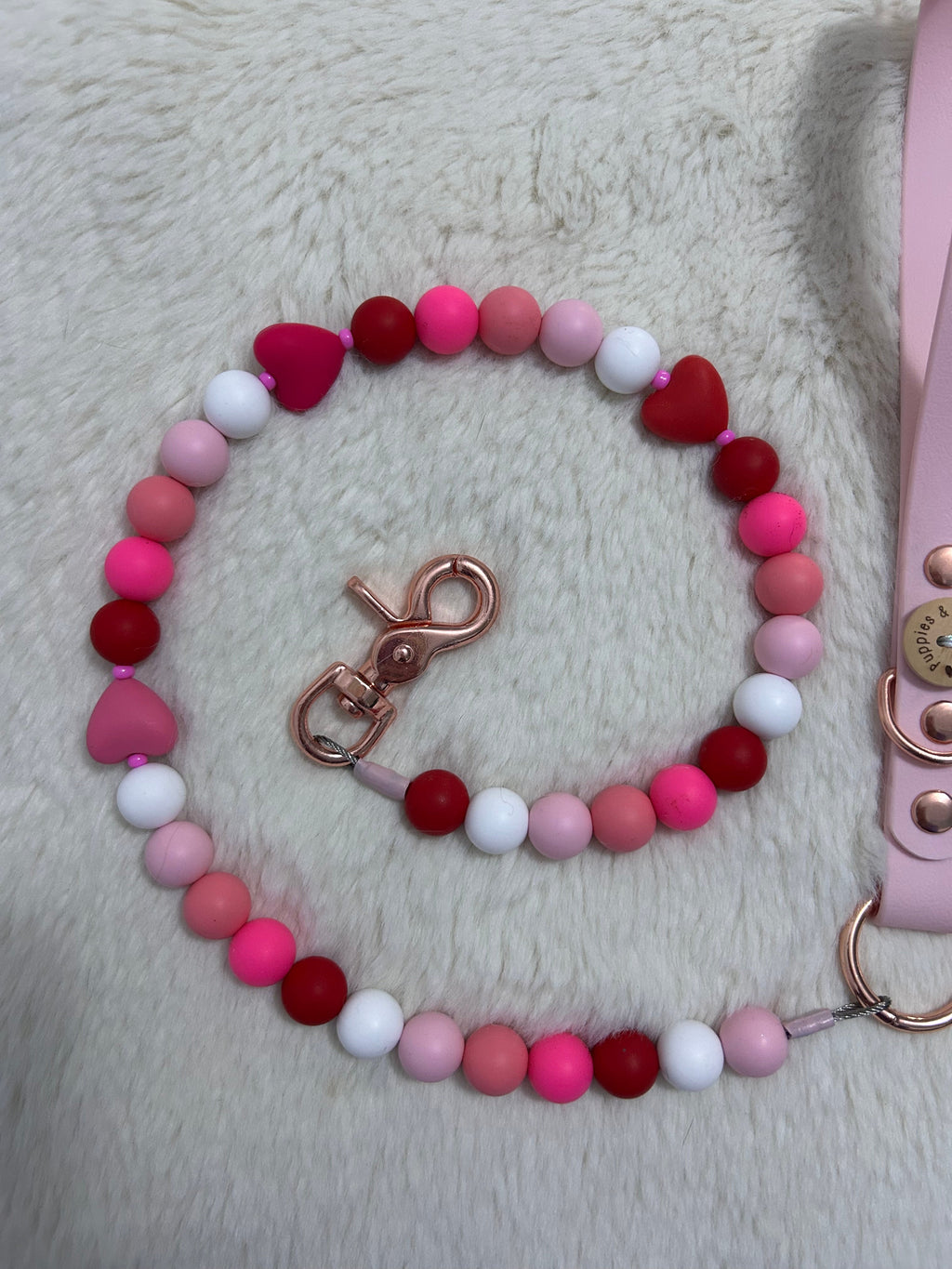 Handmade Valentine Beaded Hearts Dog Leash - Vegan Leather - Baby Pink