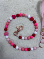Handmade Valentine Beaded Hearts Dog Leash - Vegan Leather - Baby Pink