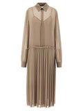 Ami Paris Pleated Midi Chemisier Dress — Beige