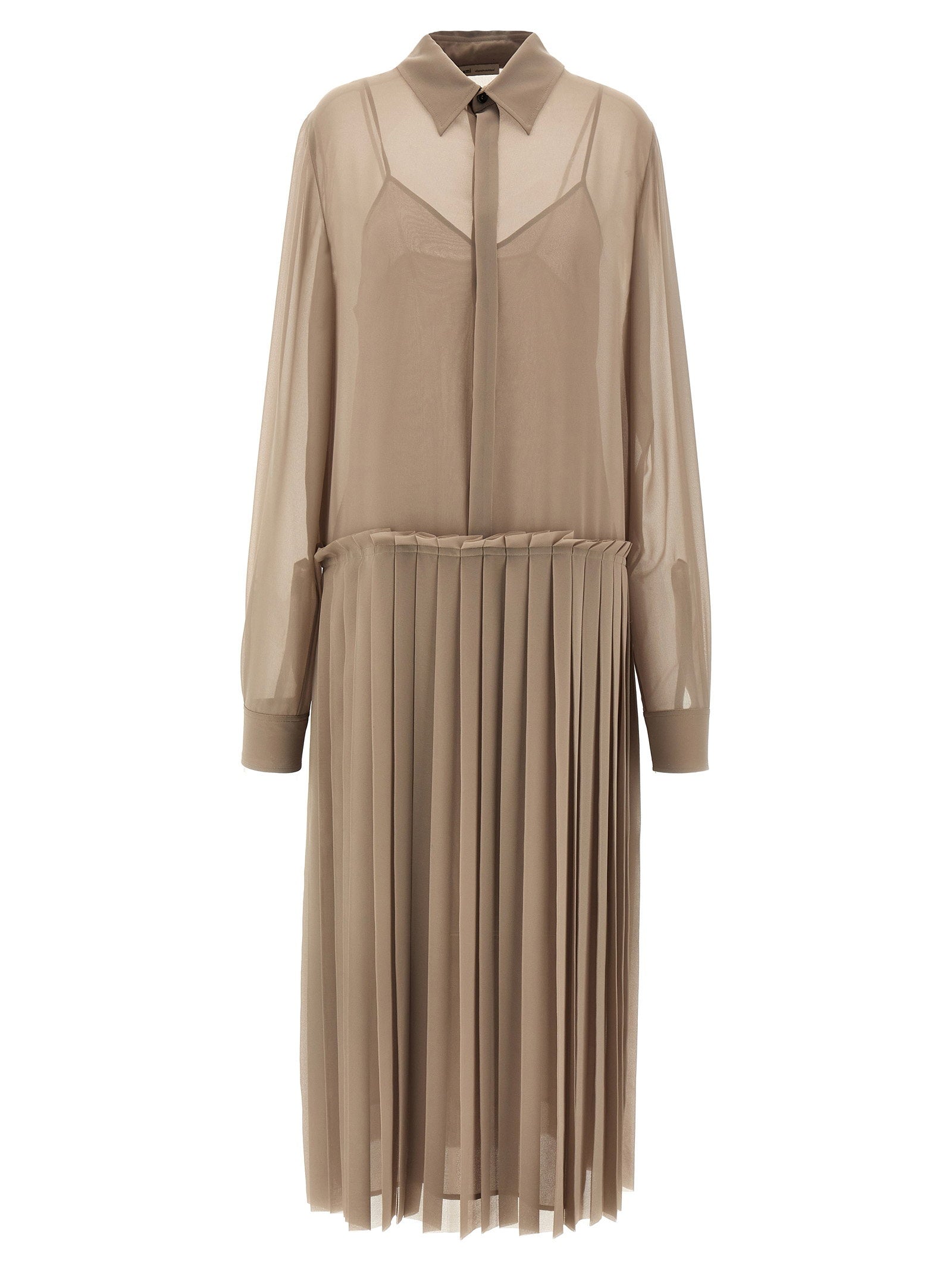 Ami Paris Pleated Midi Chemisier Dress — Beige