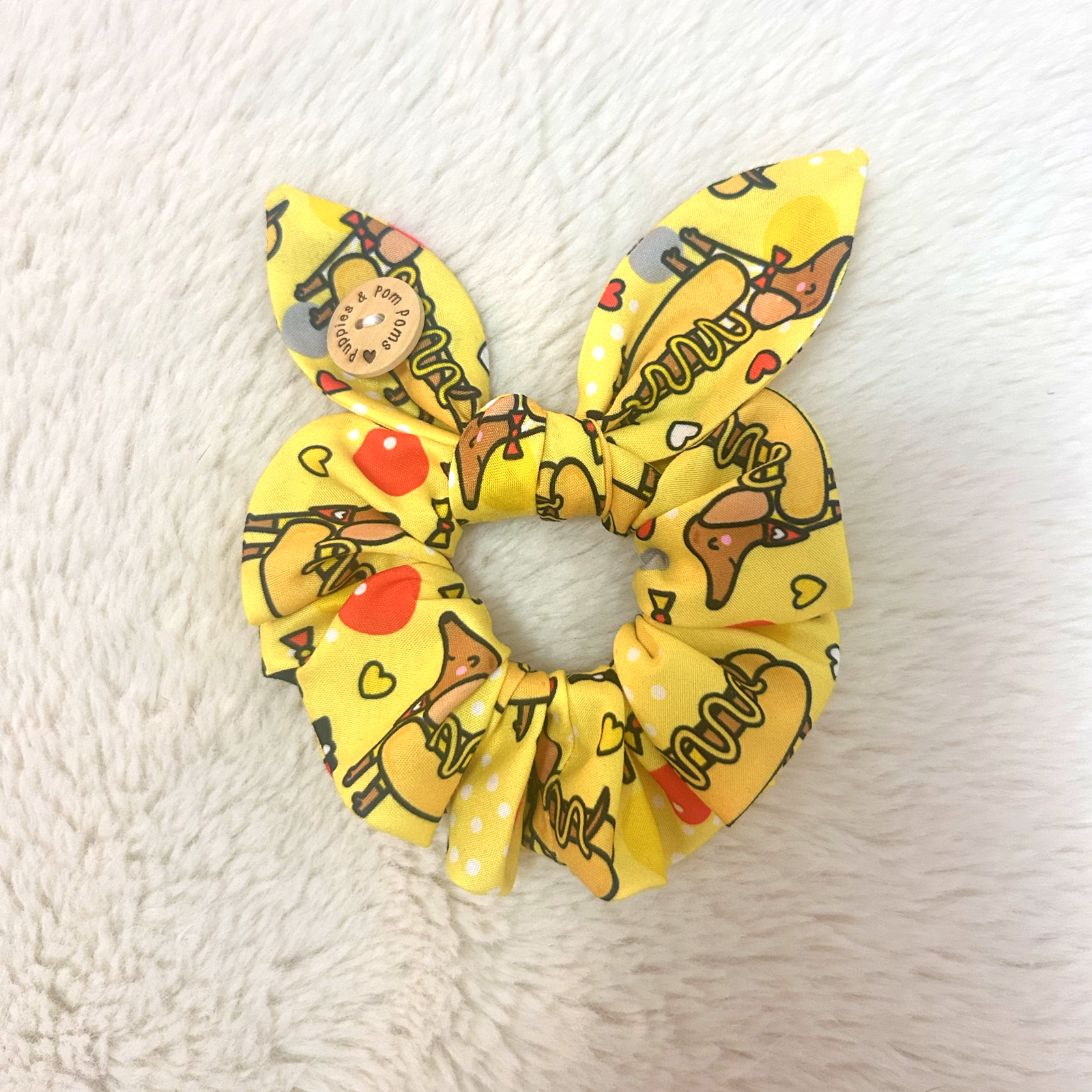 Handmade Scrunchie with Bow - Hot Dog Dachshunds