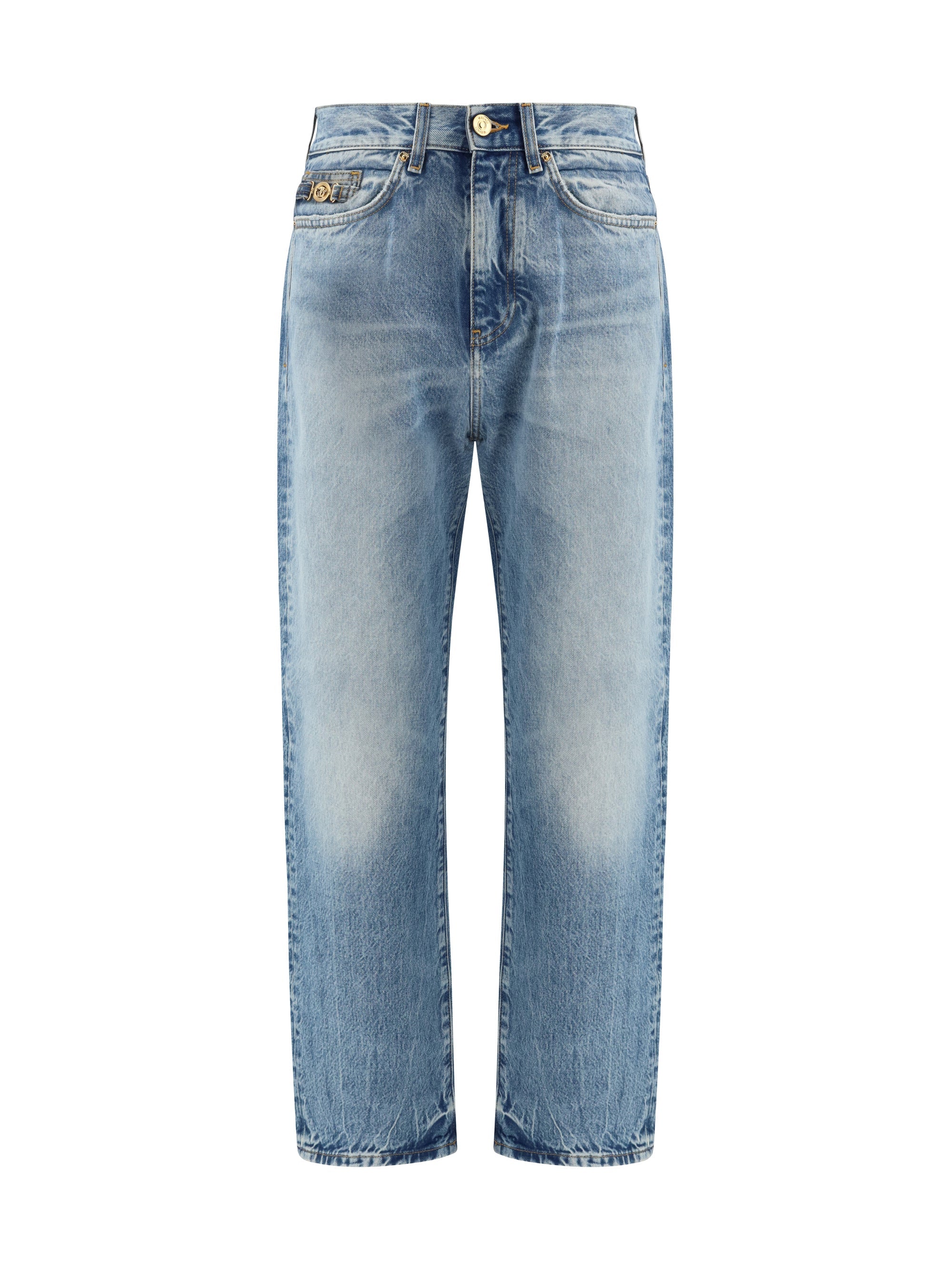 Versace Distressed Stone-Wash Denim Jeans — Blue