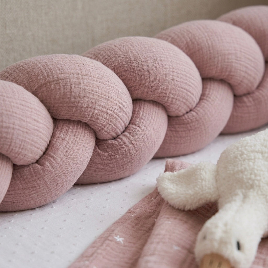 Braided bumper for cot and bed handcrafted PINK MUSLIN 200cm