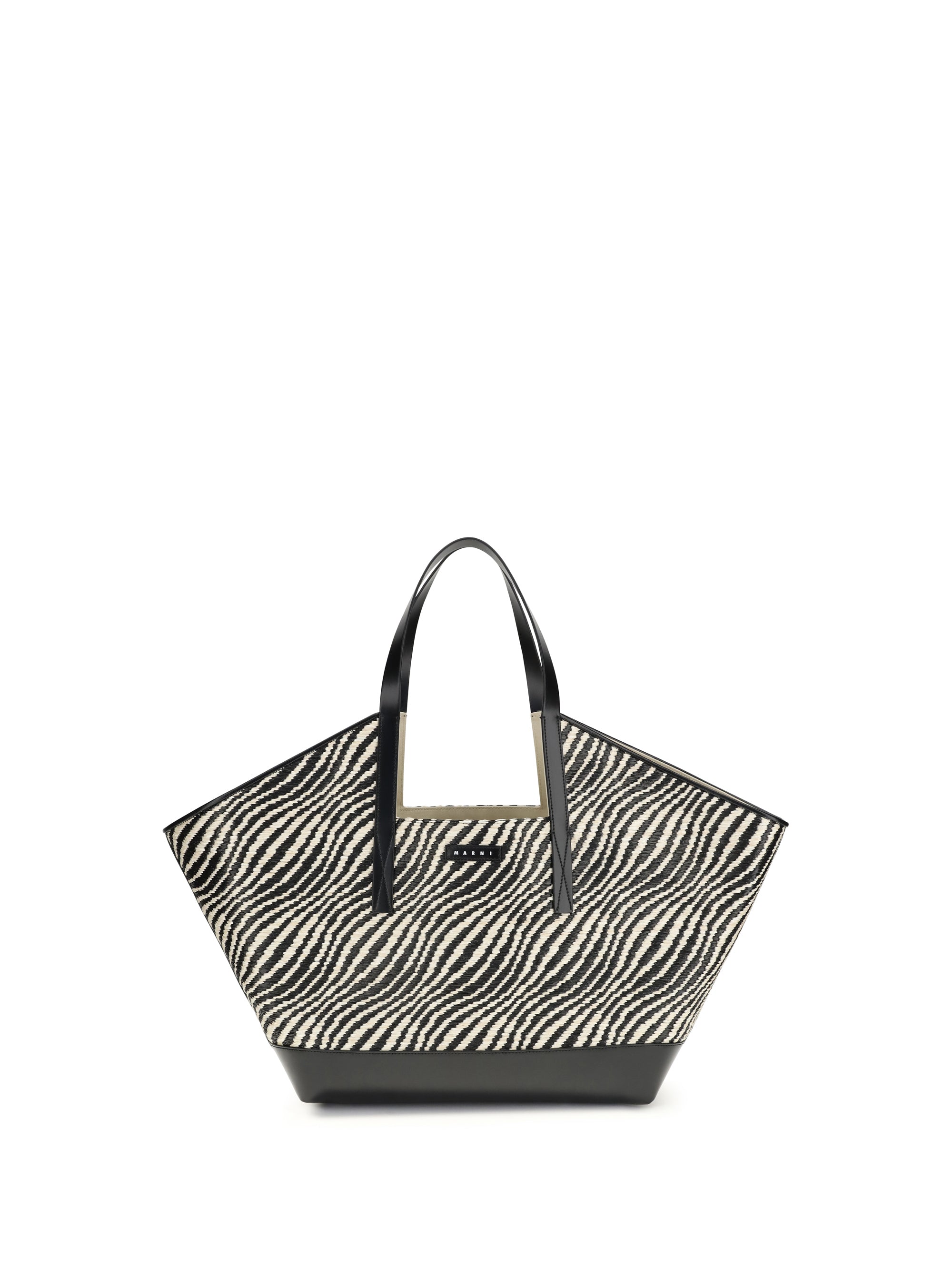 Marni Zebra-Striped Raffia-Effect Tote Bag — Black