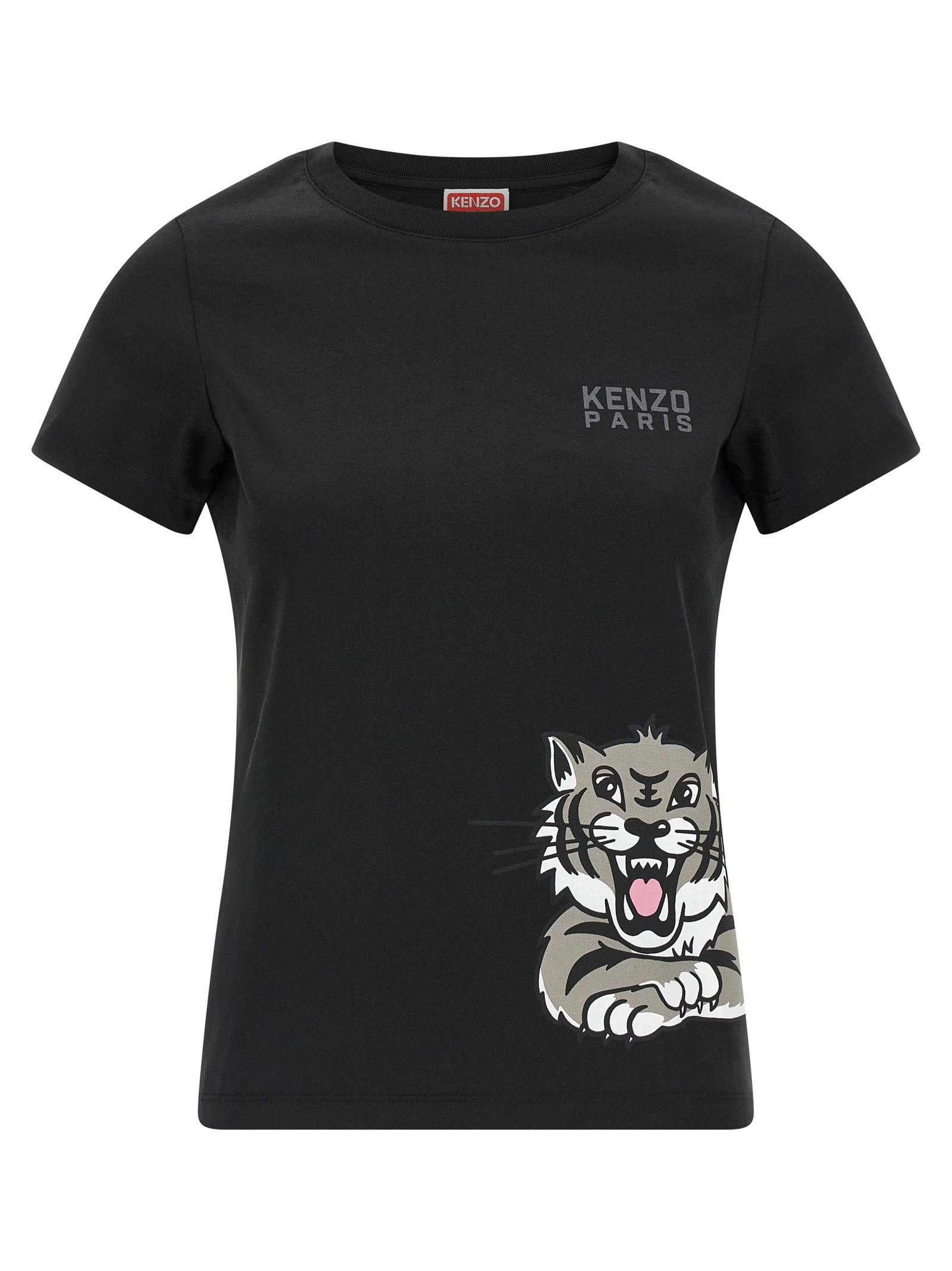 Kenzo Logo-Embroidered Happy Tiger Print T-Shirt — Black