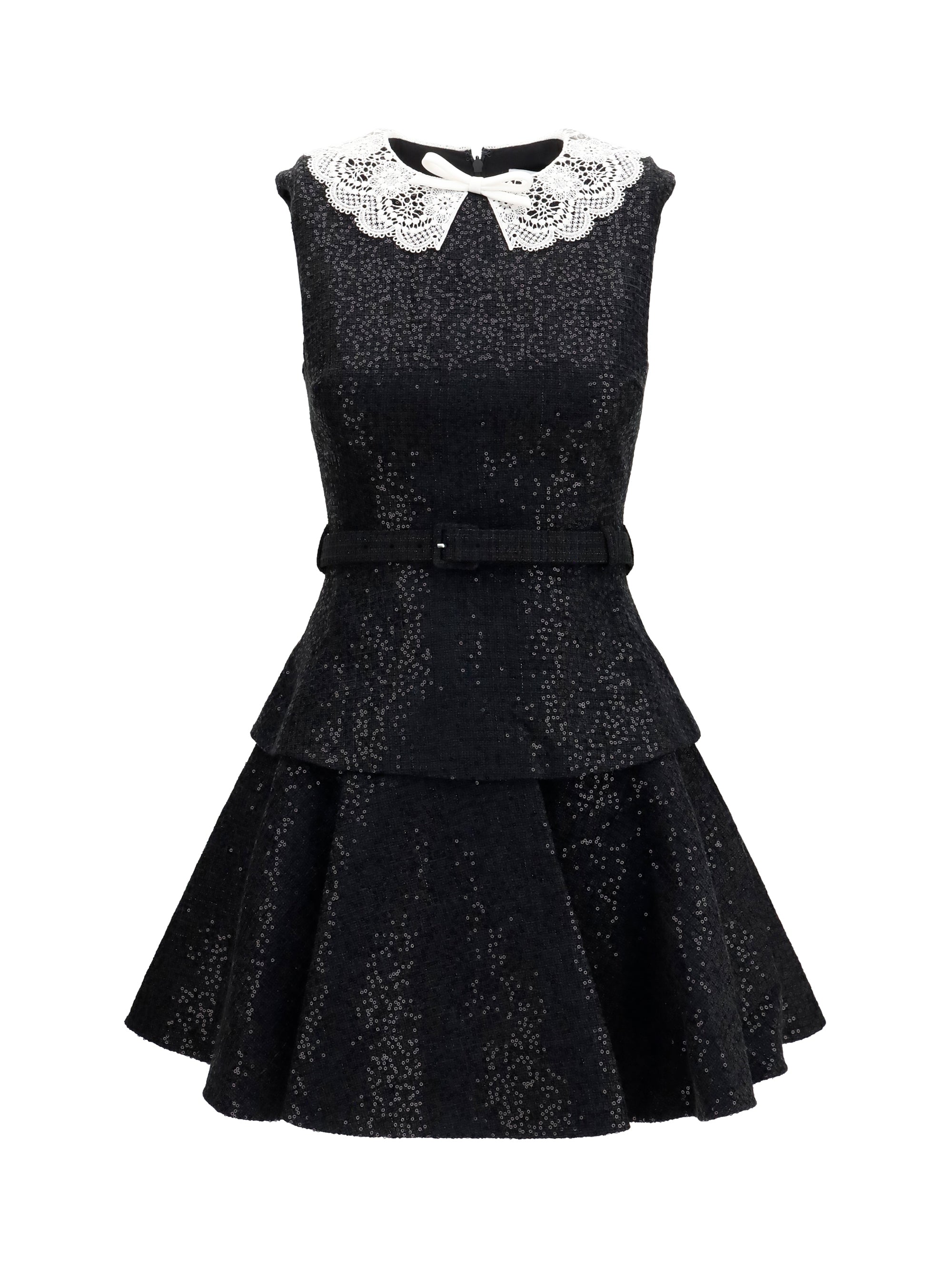 Self-Portrait Sequin Bouclé with Lace Collar Dress — Black