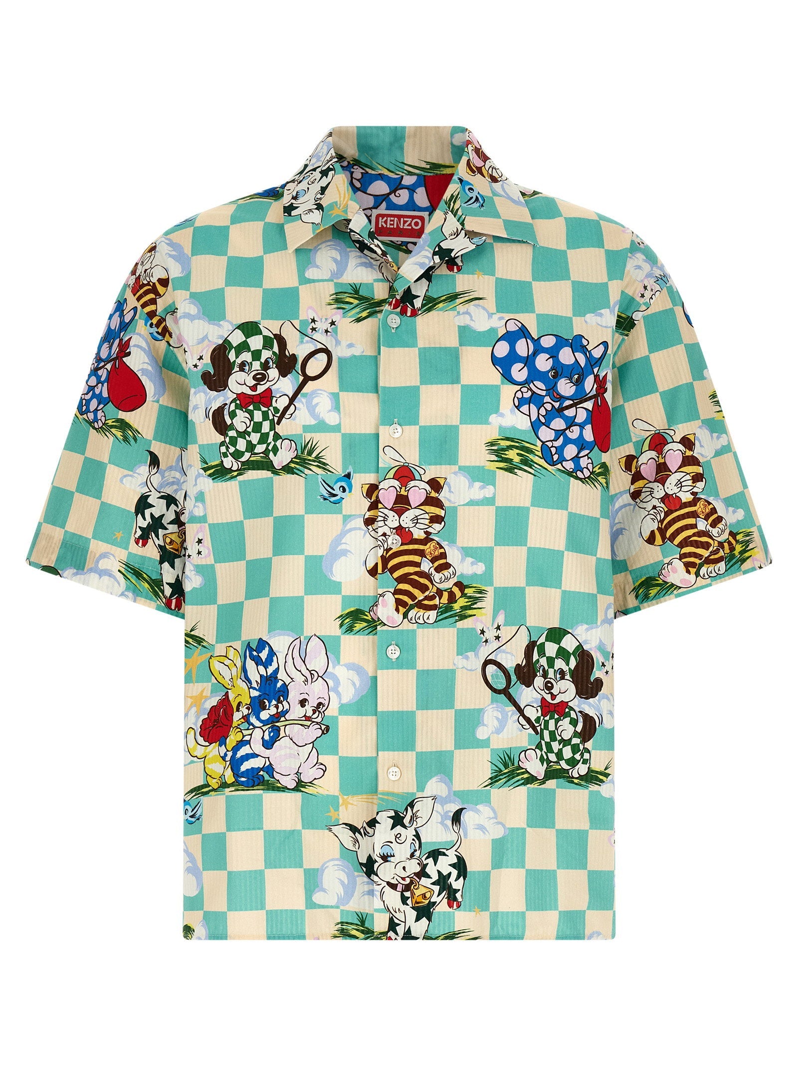 Kenzo Cartoon-Print Hawaiian Cotton Shirt — Teal
