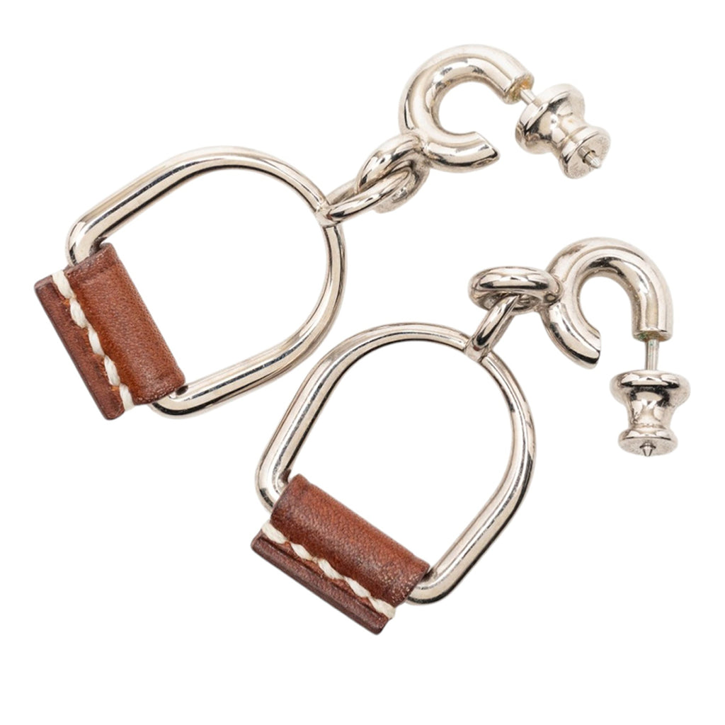 Silver Plated and Swift Leather Equestre Etrier Push Back Earrings