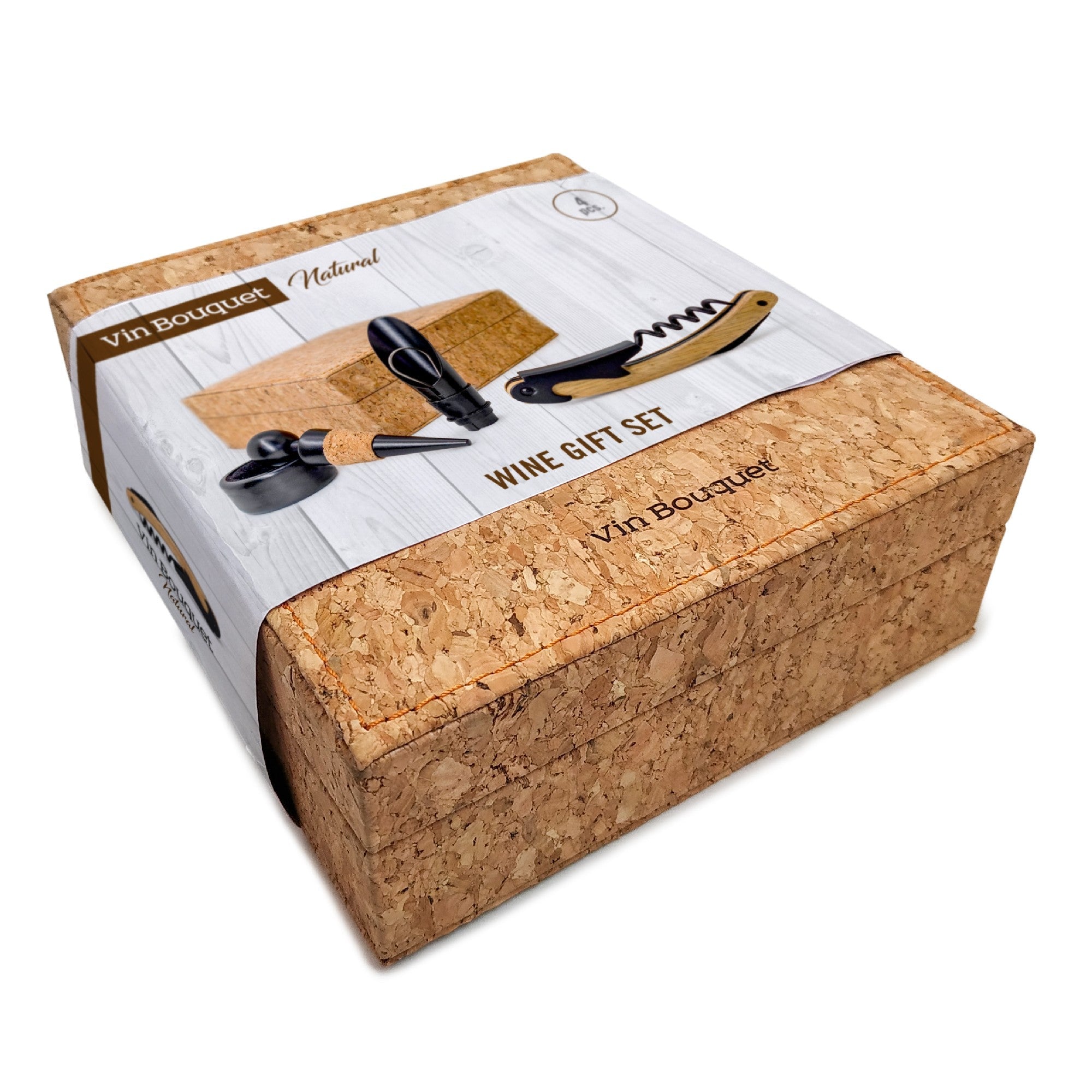 Set de accesorios para vino en caja de corcho natural