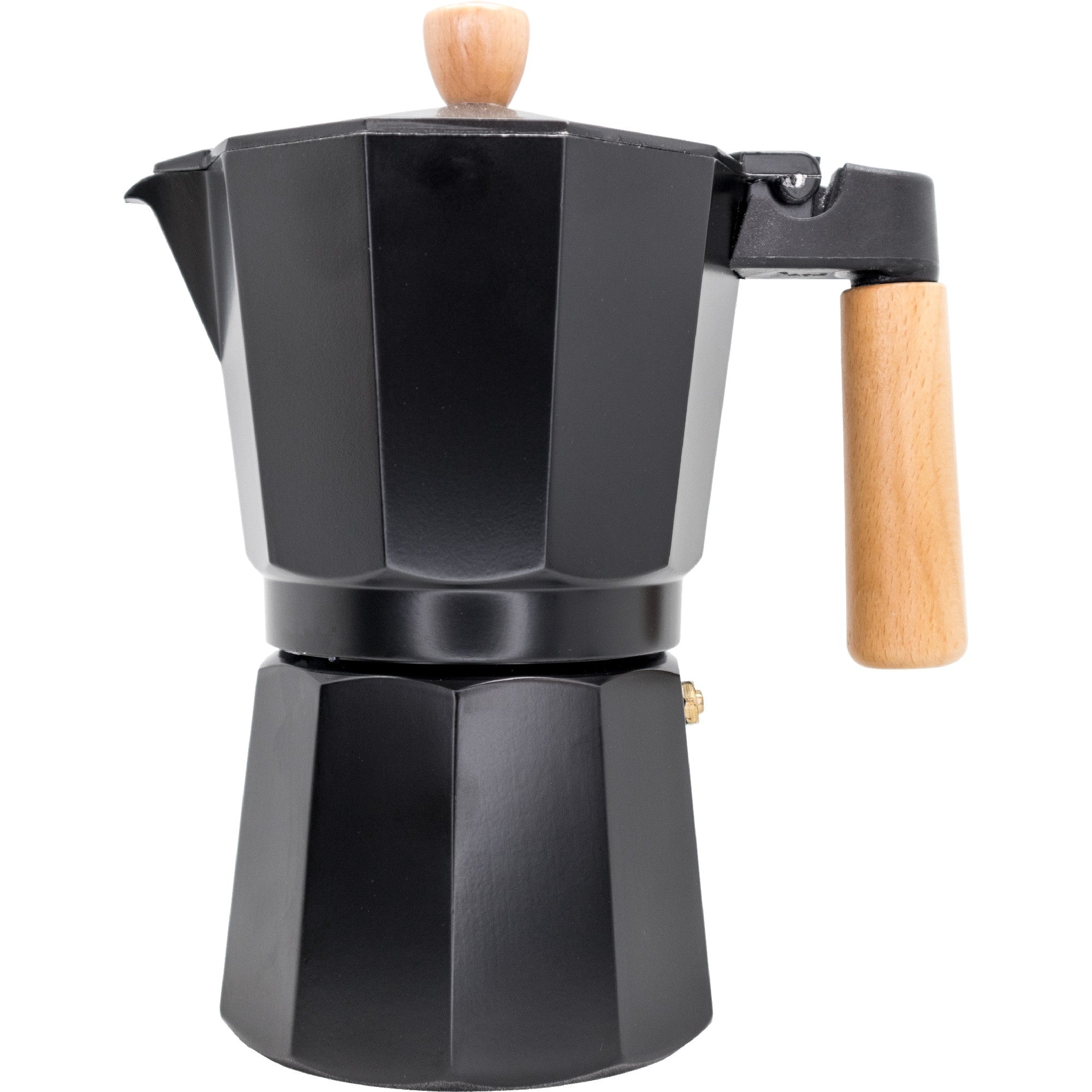 Cafetera Italiana Inducción Negra con Detalles en Madera