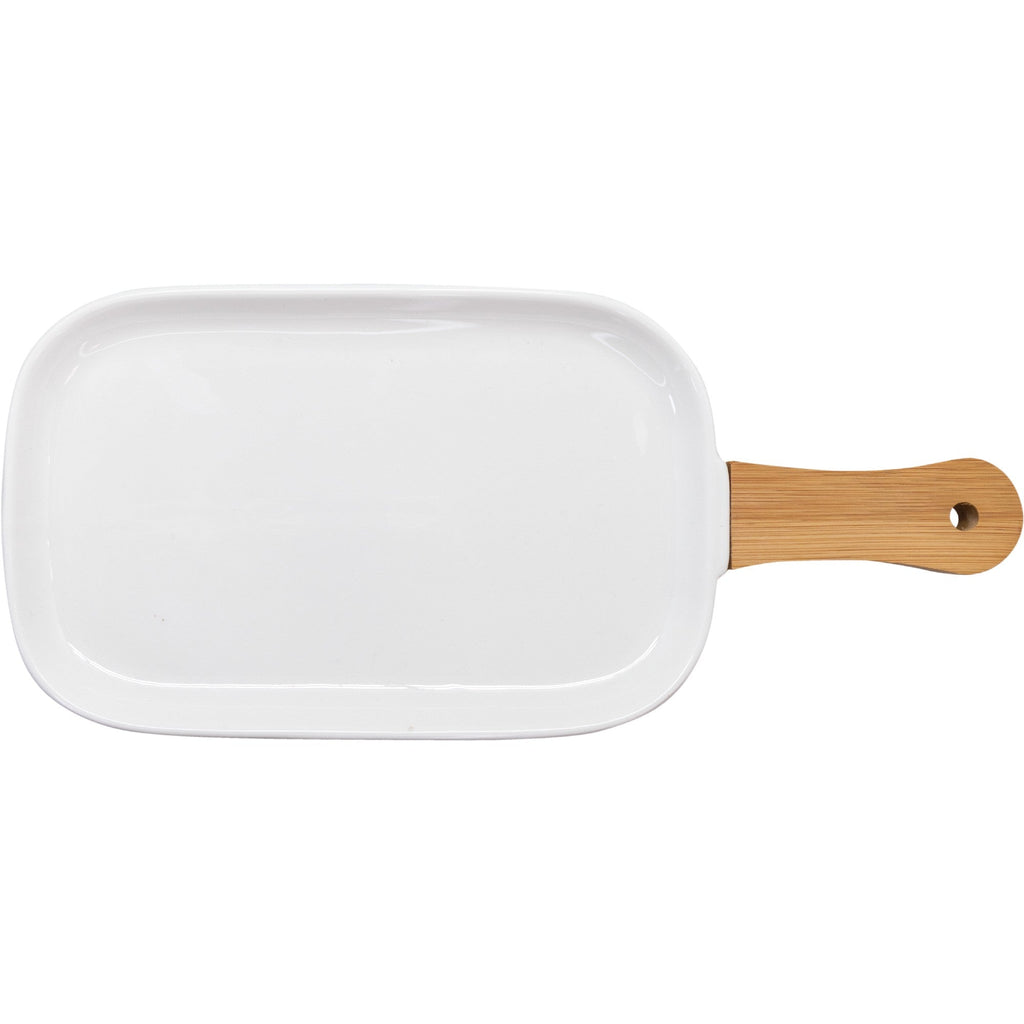 Bandeja de Porcelana para Snacks con Asa de Bambú