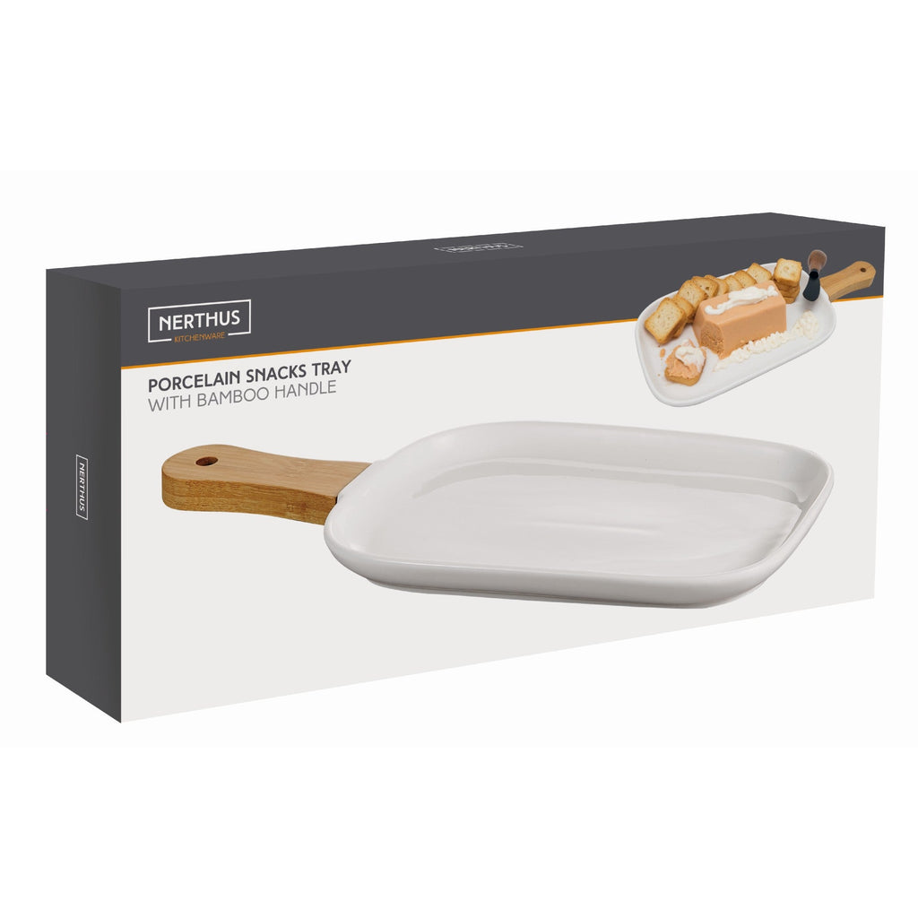 Bandeja de Porcelana para Snacks con Asa de Bambú