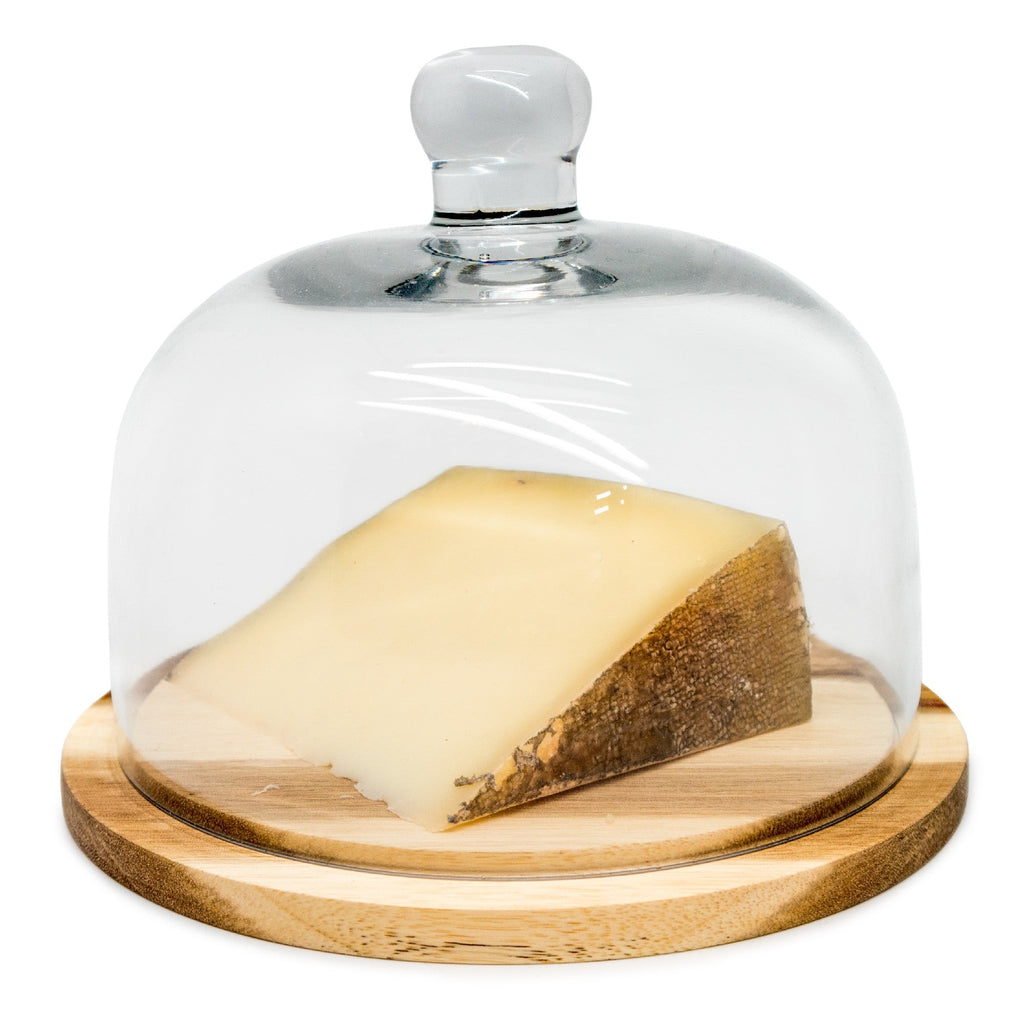 Quesera con base de madera y tapa de cristal