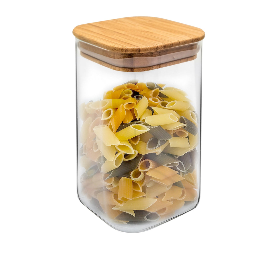 Tarro Hermético de Cristal Cuadrado con Tapa de Bambú