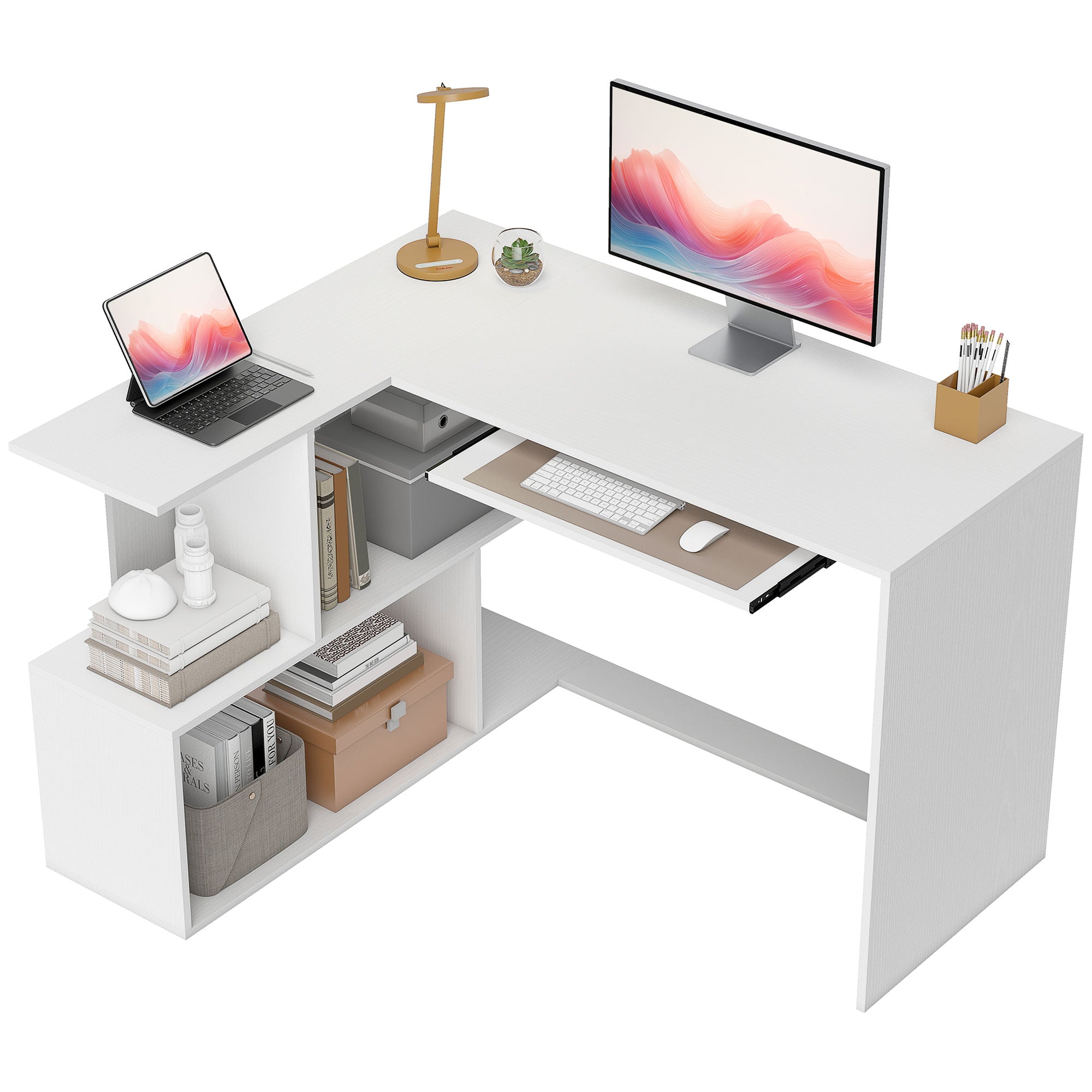 L-Shaped Desk with Keyboard Tray, 4 Shelves, 120x100x76 cm White Wood Effect