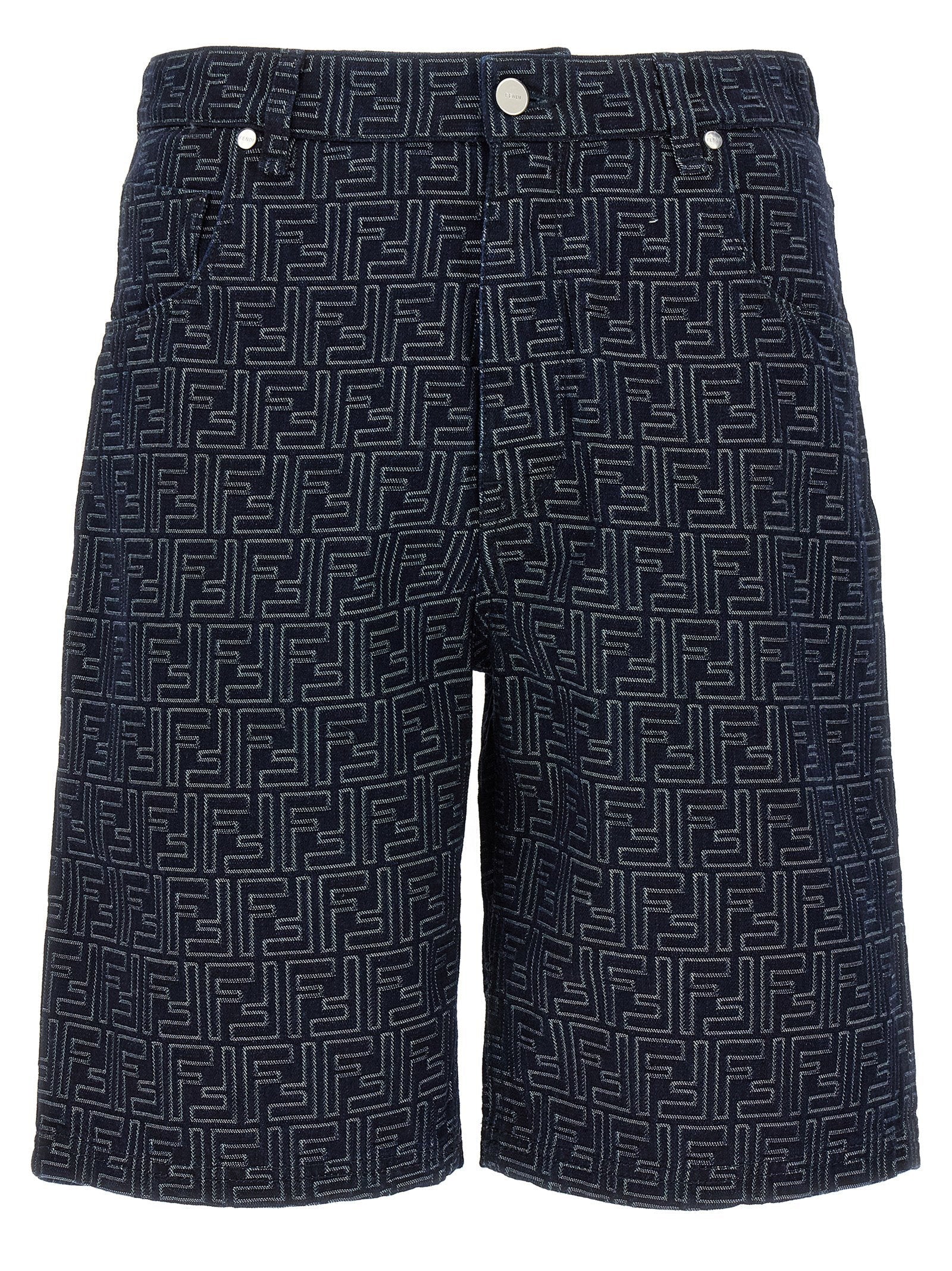 Fendi Logo-Jacquard Denim Bermuda — Navy