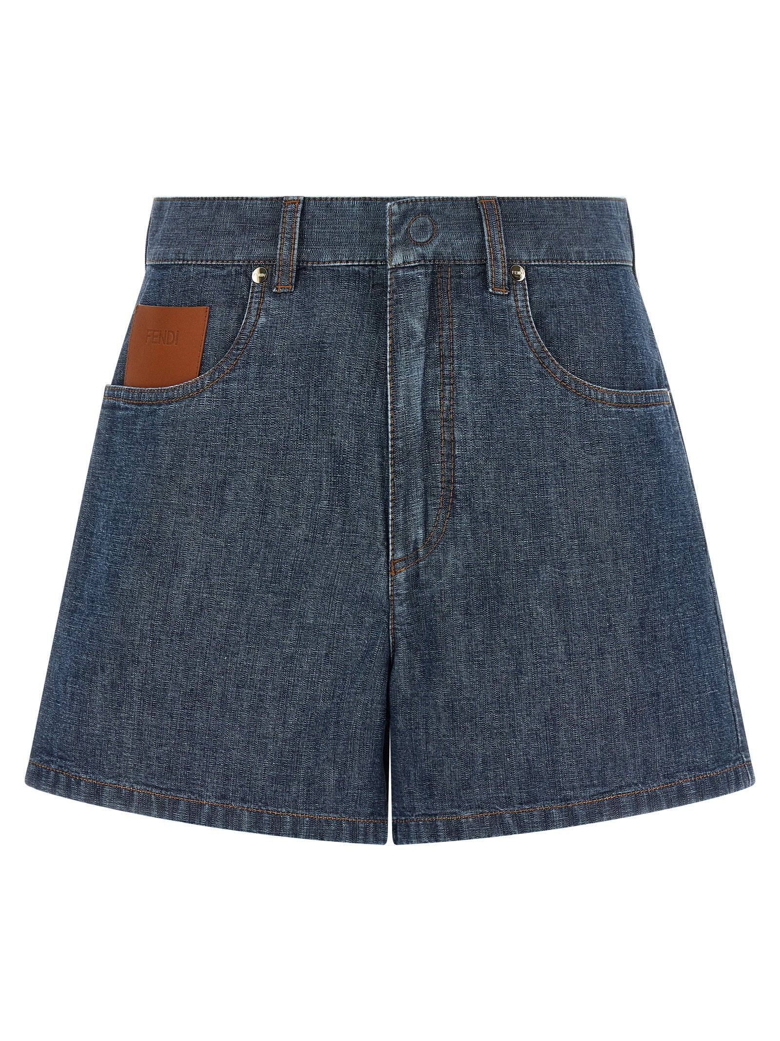 Fendi Chambray Denim High-Waisted Shorts — Blue