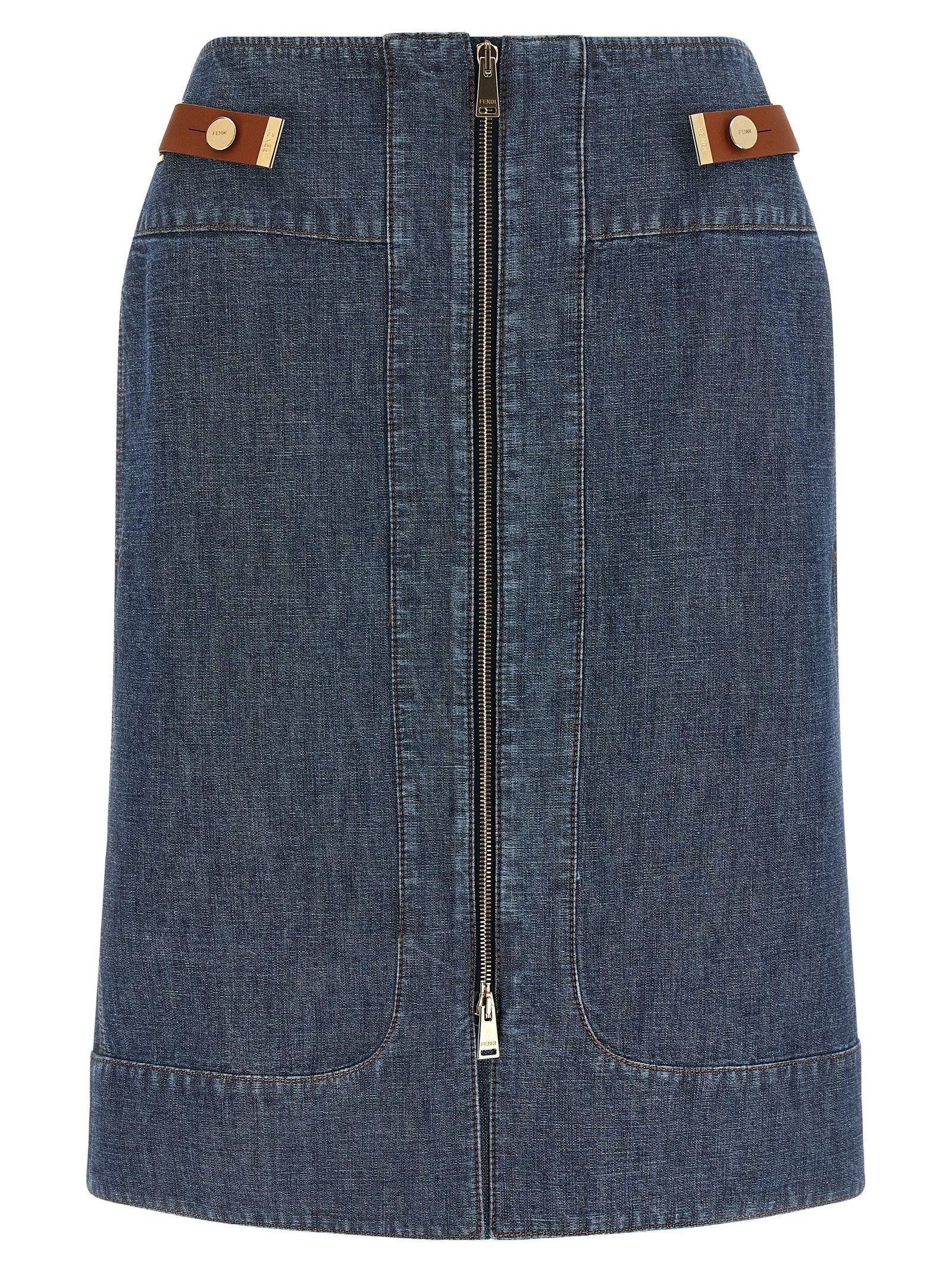 Fendi Zip-Front Denim Skirt — Navy