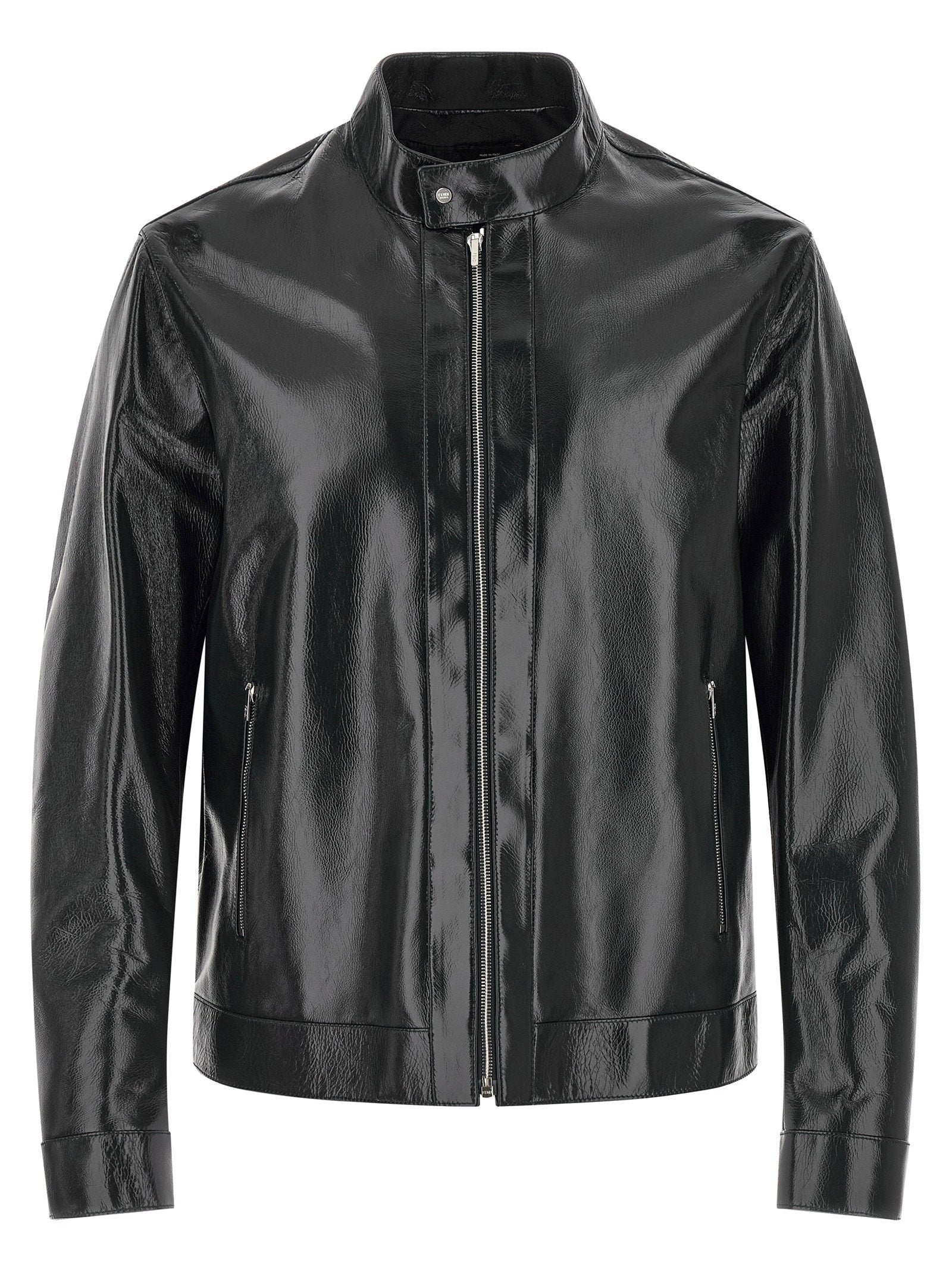 Fendi Lacquered Leather Biker Jacket — Black