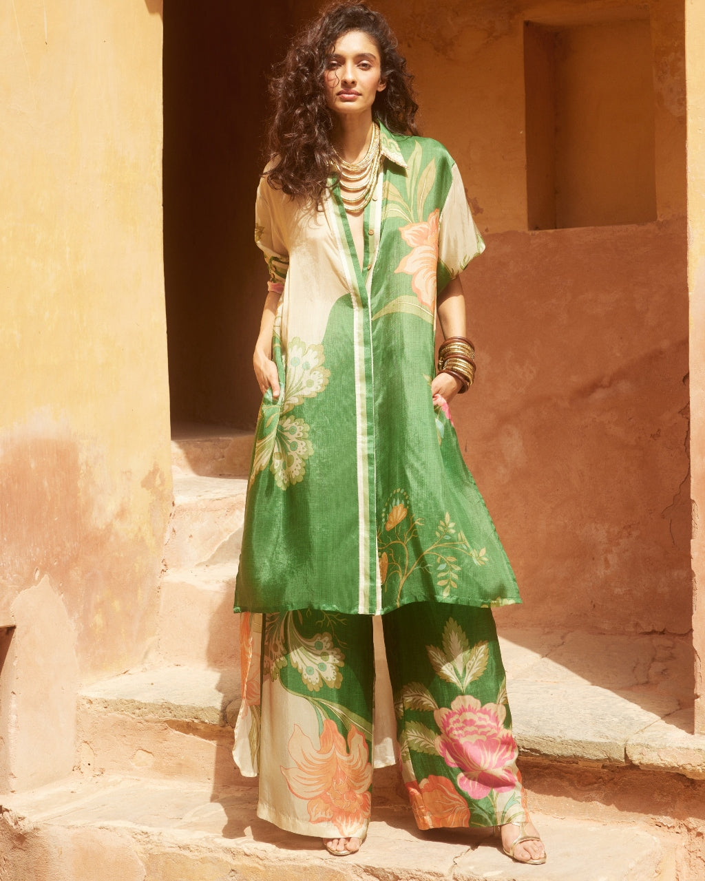 Green Habutai Floral Kurta Set By KYNAH, Luxury Indian Fashion & Bridal Wear