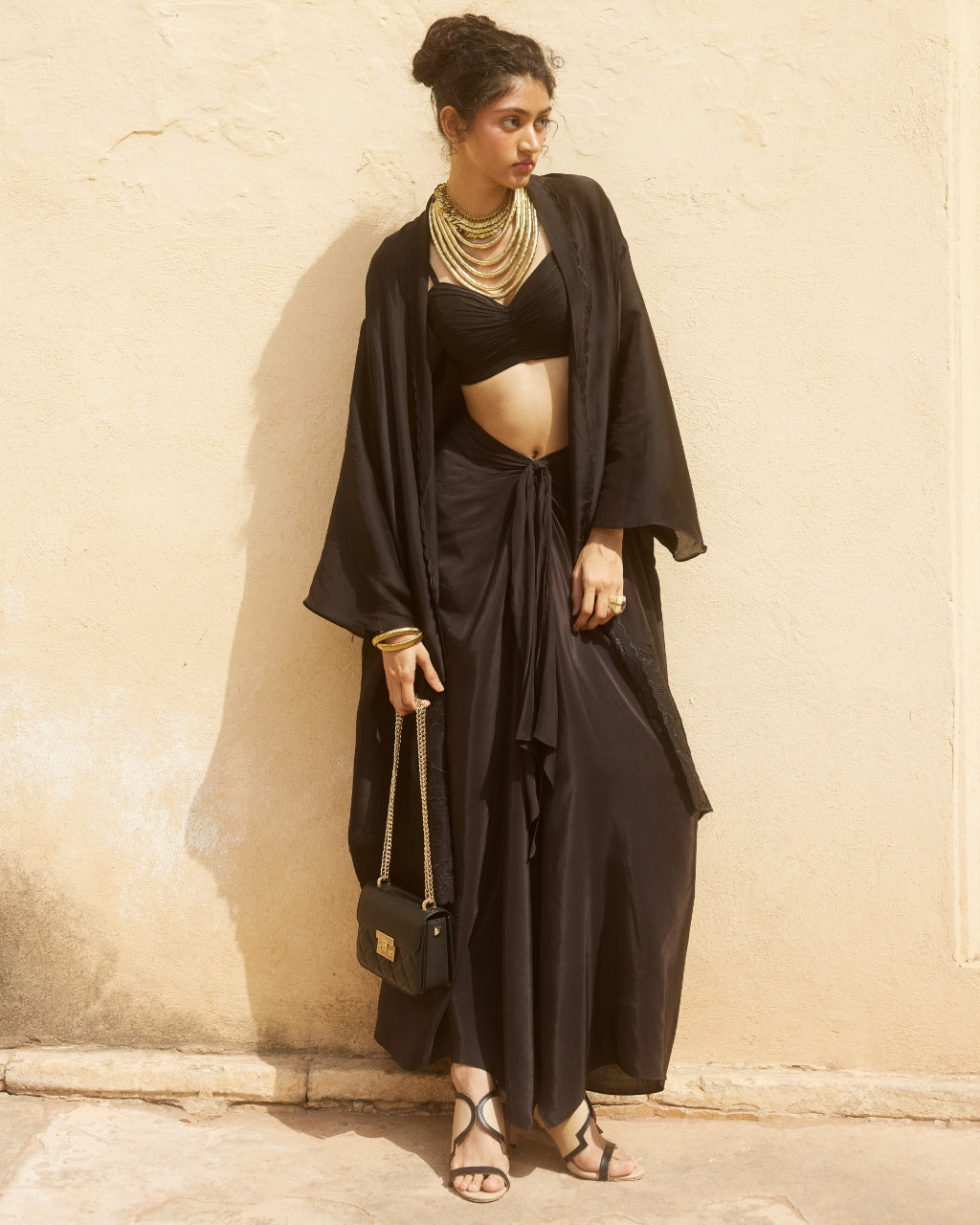 Black Chic Drape Skirt & Jacket Set By KYNAH, Luxury Indian Fashion & Bridal Wear
