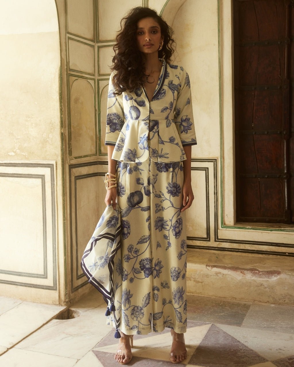 Ivory Habutai Floral Printed Co-Ord Set By KYNAH, Luxury Indian Fashion & Bridal Wear