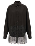 Fendi Pinstripe Wool with Lace Trim Shirt — Black