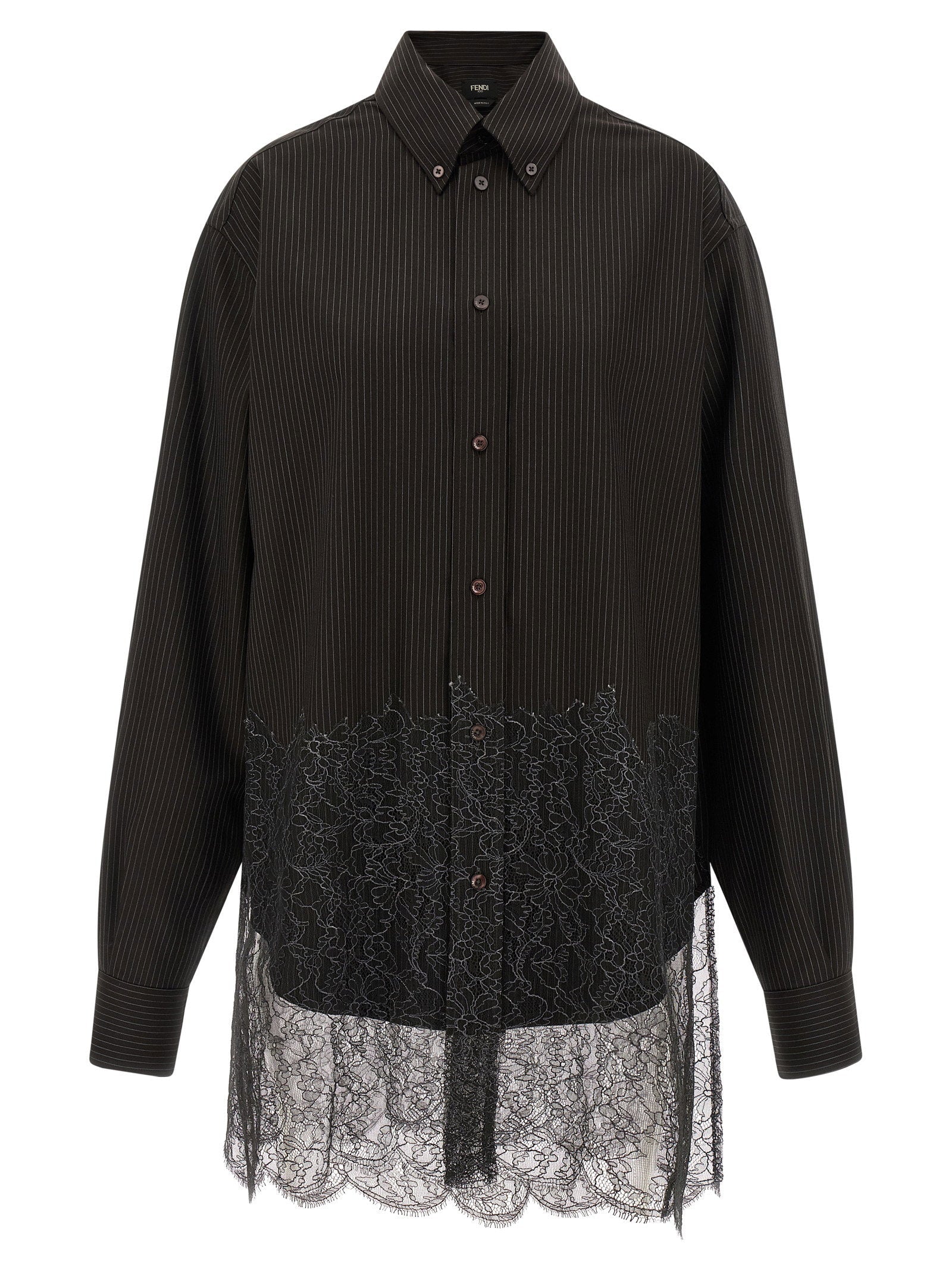 Fendi Pinstripe Wool with Lace Trim Shirt — Black