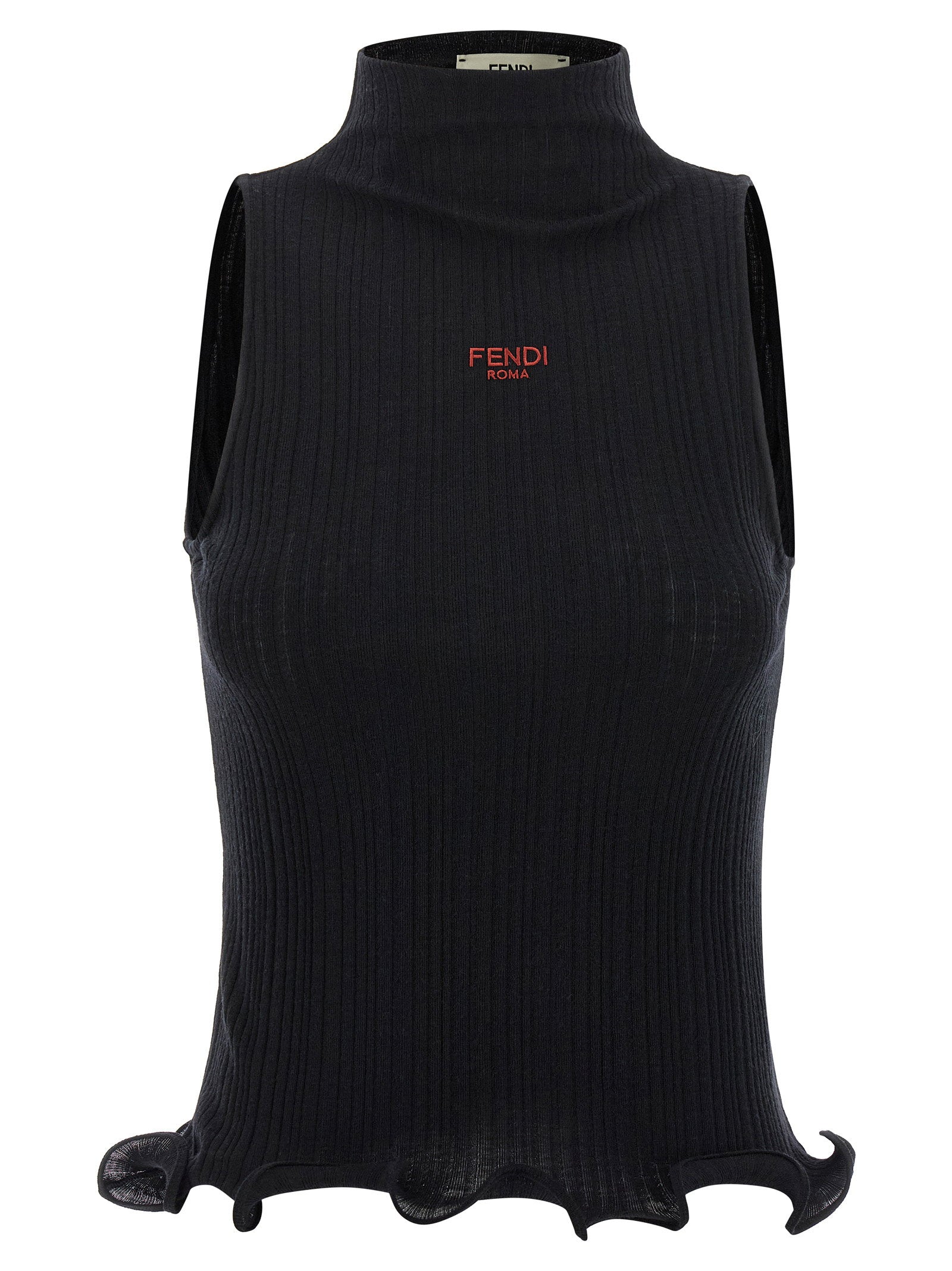 Fendi Logo-Embroidered Ribbed Cotton Tank Top — Black