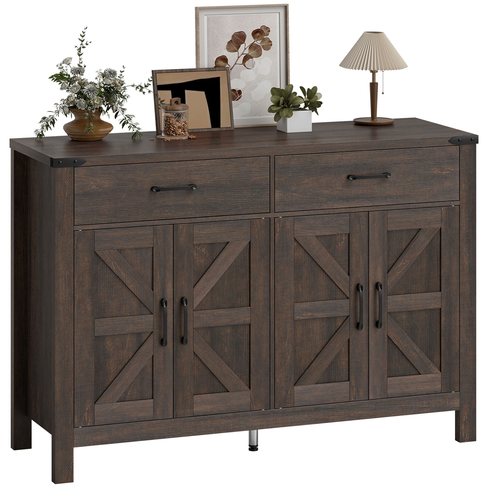 Farmhouse Sideboard Buffet Cabinet with 4 Doors, 2 Drawers & 2 Adjustable Shelves, Dark Brown