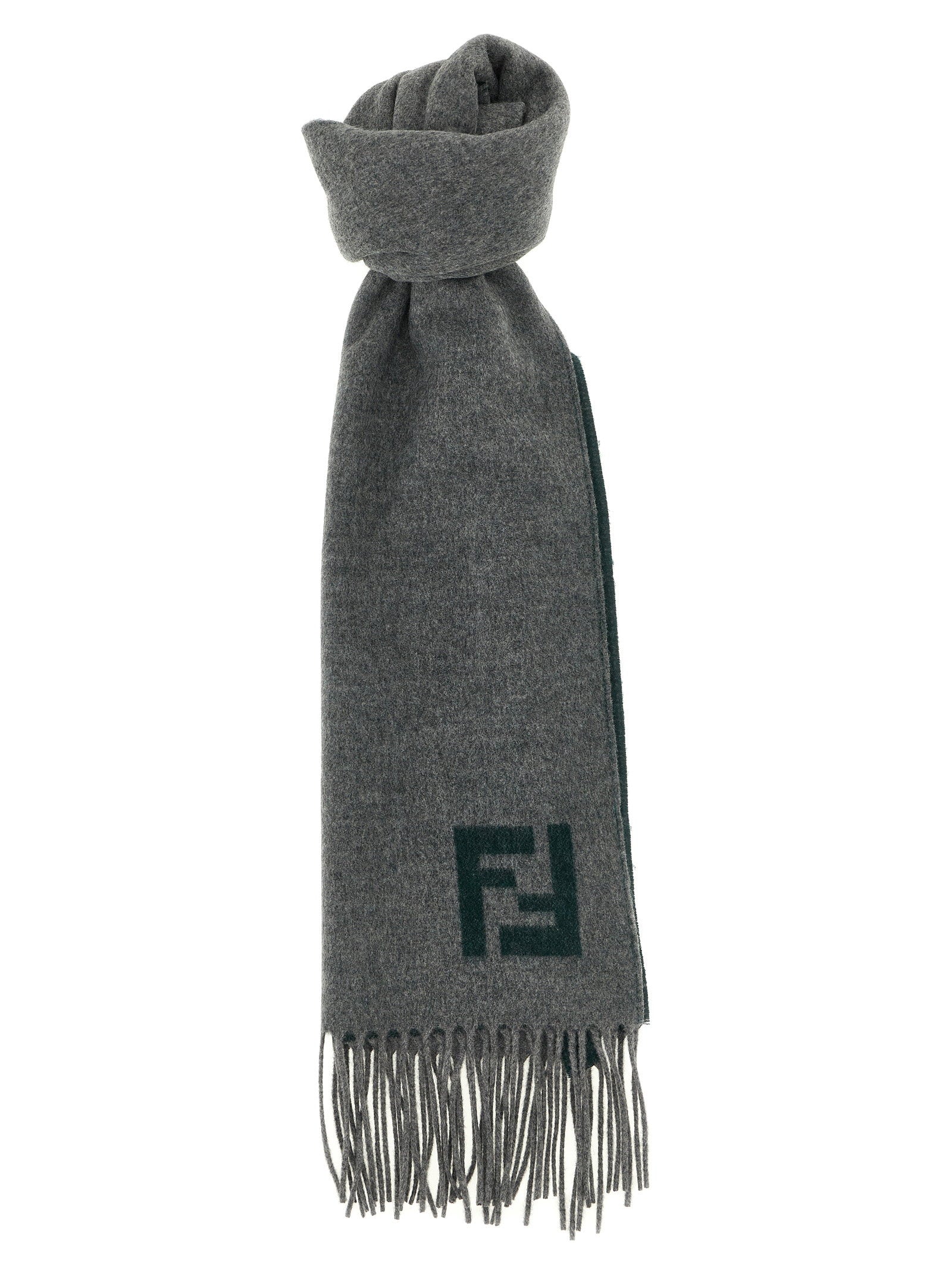 Fendi Double-Sided Wool-Cashmere with FF Intarsia Scarf — Gray