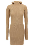 Fendi Ribbed Wool-Silk Hooded Dress — Beige