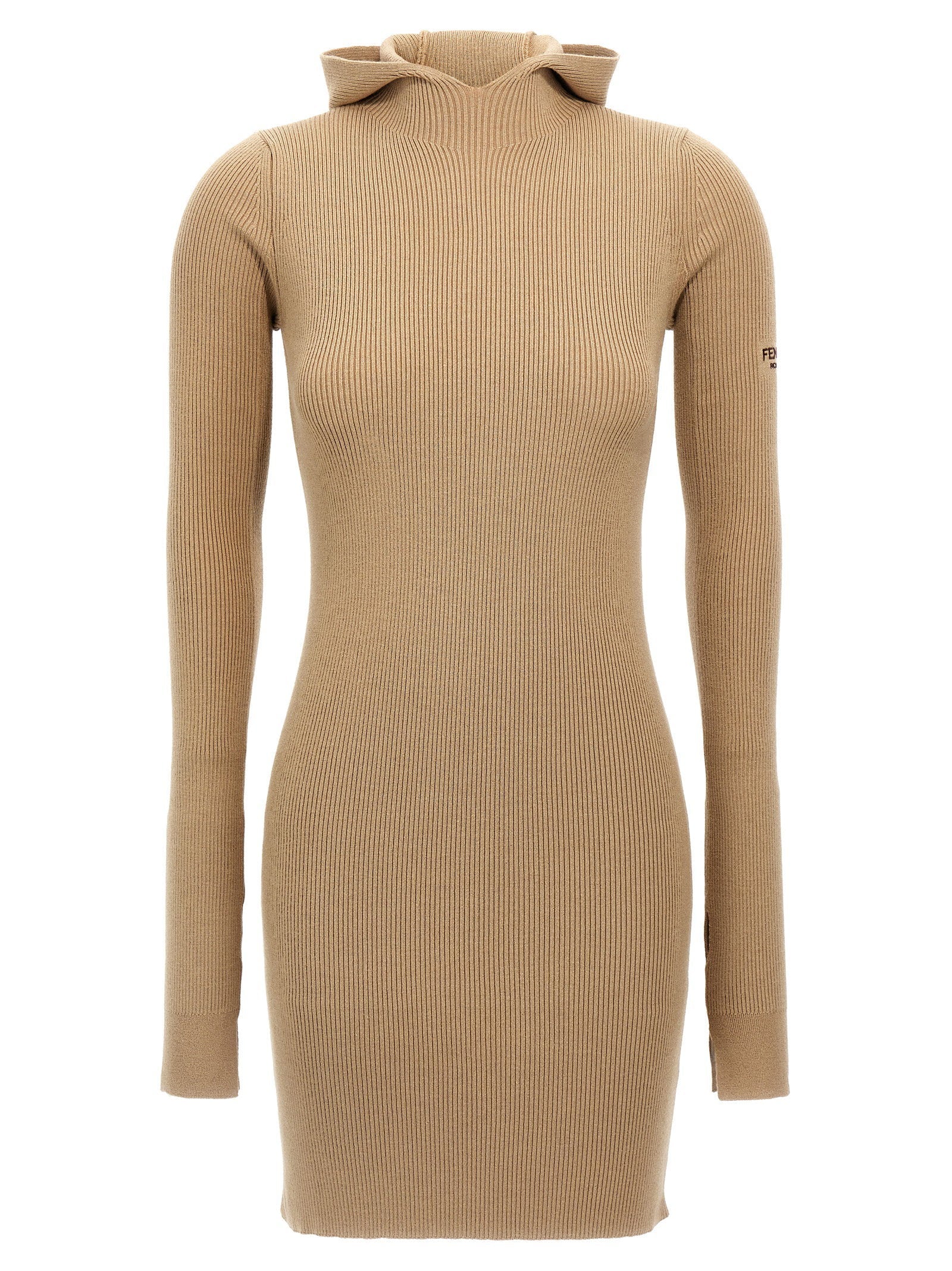 Fendi Ribbed Wool-Silk Hooded Dress — Beige