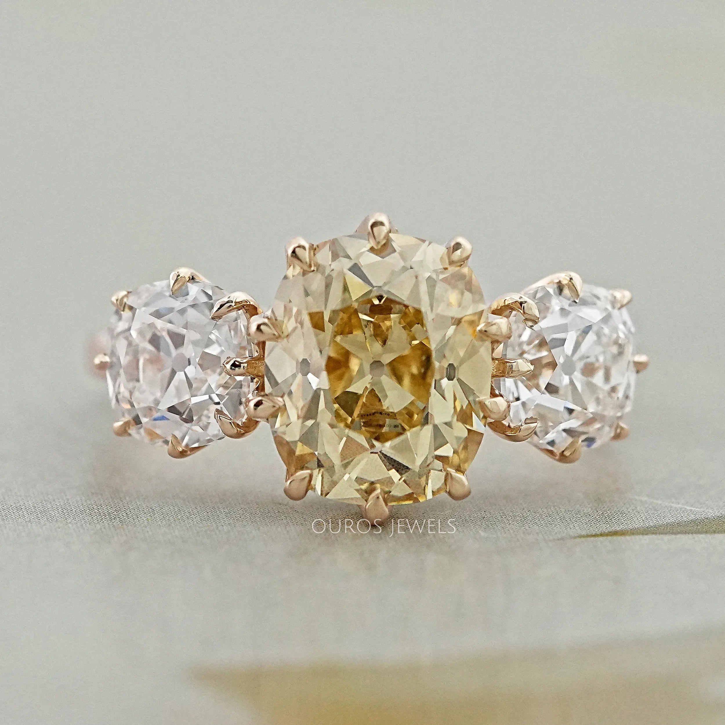 Fancy Yellow Old Mine Cushion Diamond Three Stone Ring