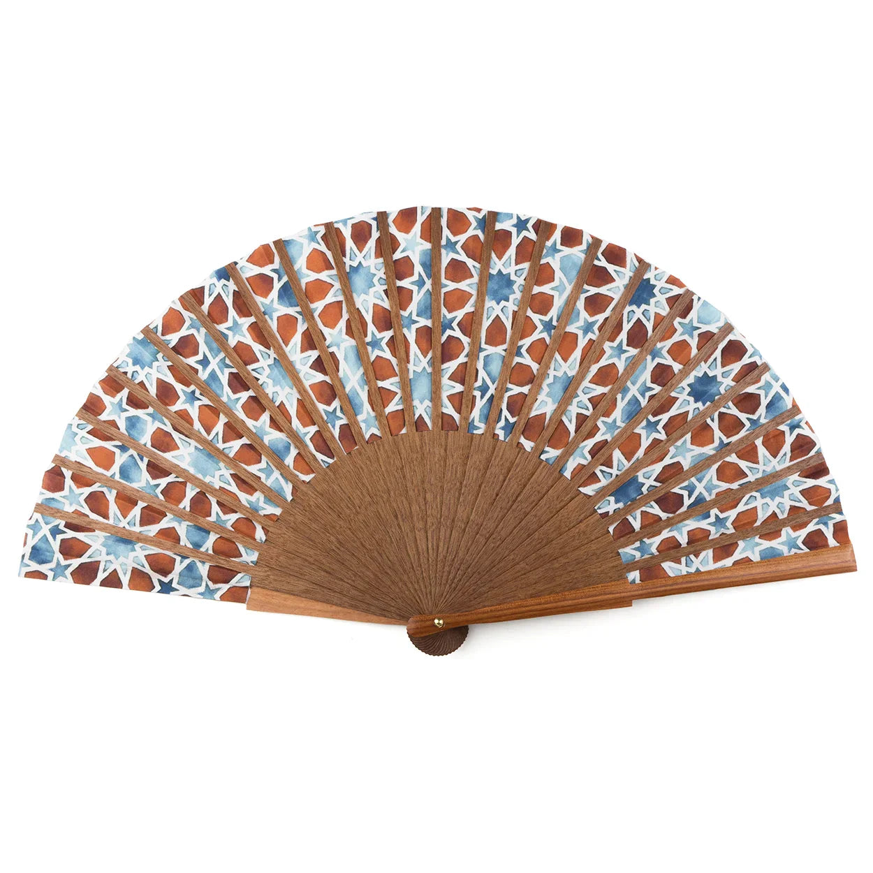 Brown & Blue Silk Fan Inspired by Islamic Art