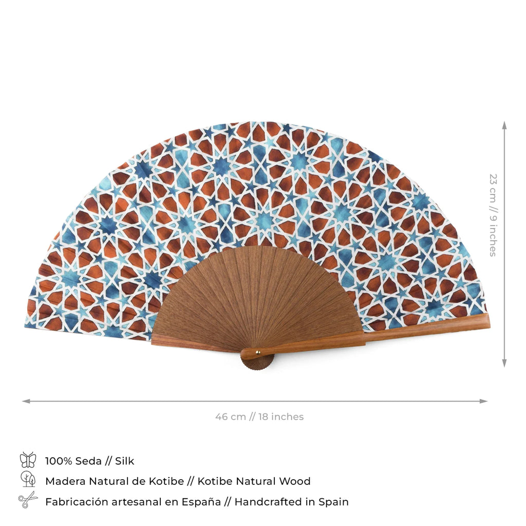 Brown & Blue Silk Fan Inspired by Islamic Art