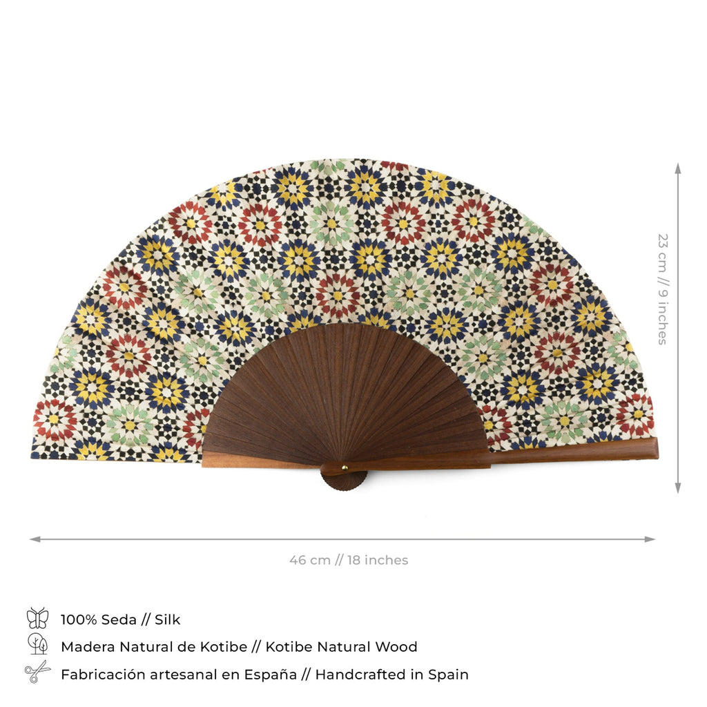 Moroccan tiles inspired Silk & Wood hand fan Fezi