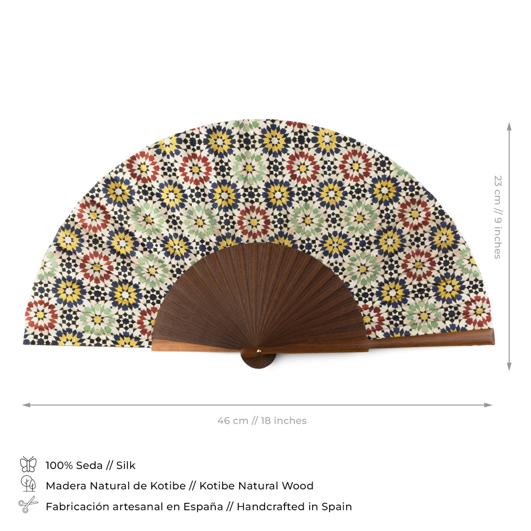 Moroccan tiles inspired Silk & Wood hand fan Fezi