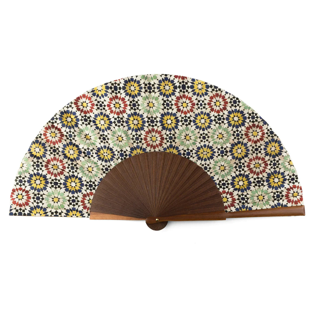 Moroccan tiles inspired Silk & Wood hand fan Fezi